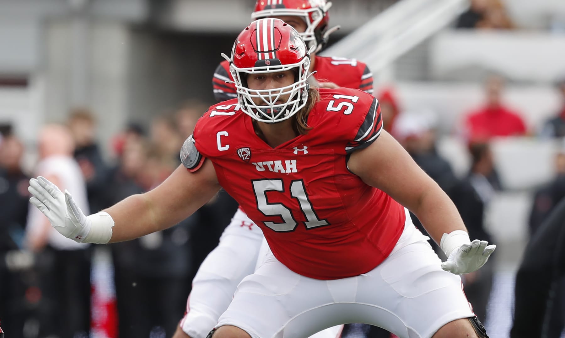 SALT LAKE CITY, UT - OCTOBER 28:  Keaton Bills #51 of the Utah Utes sets to block during the first half of their game agianst the Oregon Ducks at Rice Eccles Stadium on October 28, 2023 in Salt Lake City, Utah.  (Photo by Chris Gardner/Getty Images)