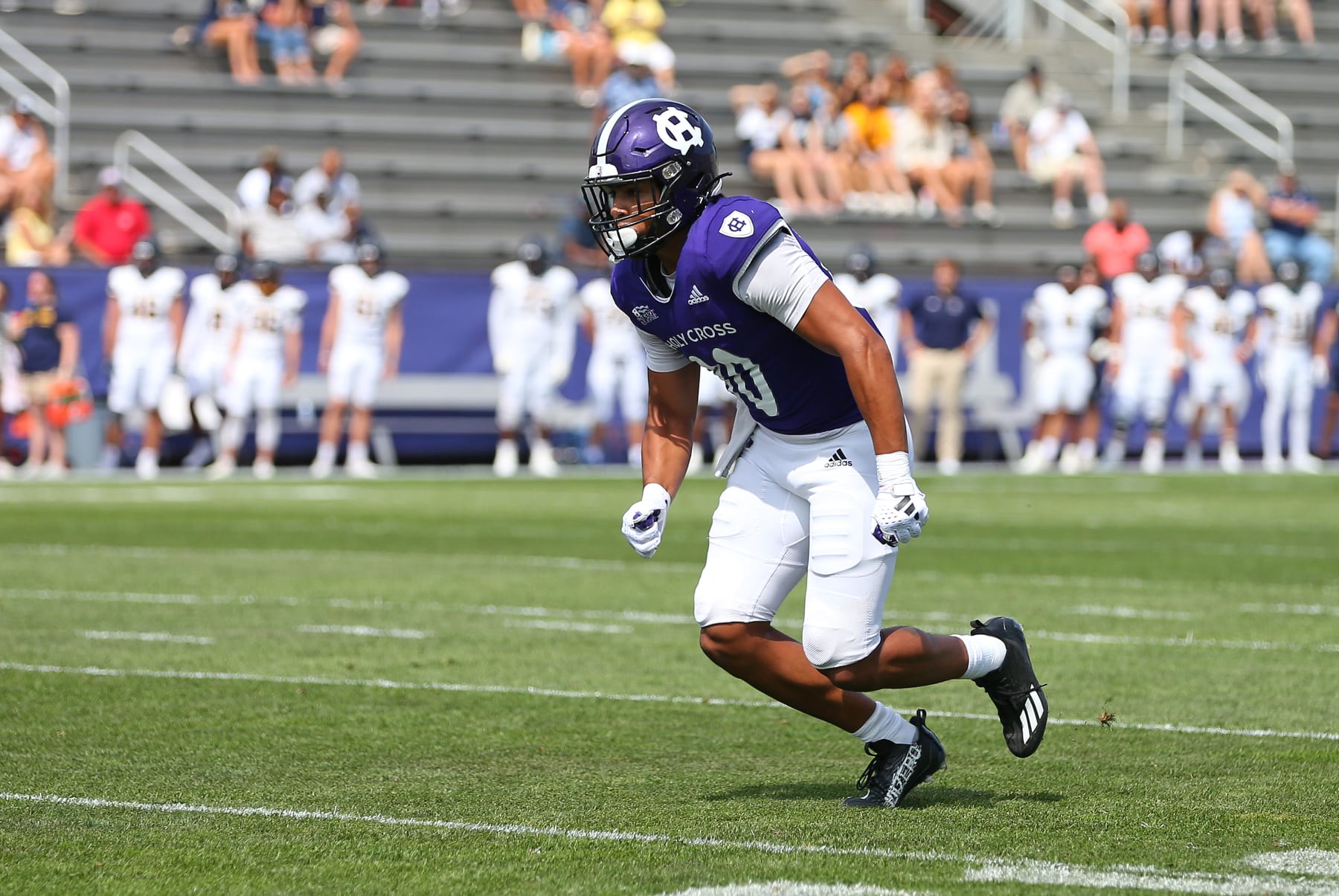 WORCESTER, MA - SEPTEMBER 02: Holy Cross Crusaders wide receiver Jalen Coker (80) in action during a college football game between Merrimack Warriors and Holy Cross Crusaders on September 2, 2023, at Fitton Field in Worcester, MA. (Photo by M. Anthony Nesmith/Icon Sportswire via Getty Images)