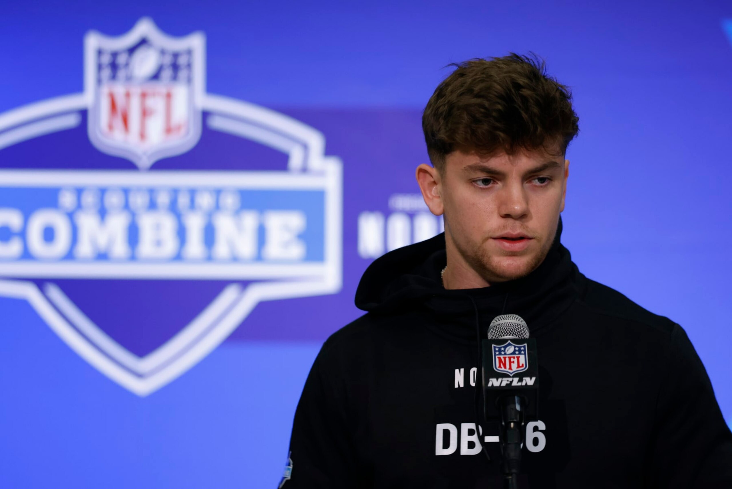 INDIANAPOLIS, INDIANA - FEBRUARY 29: Cooper Dejean #DB06 of the Iowa Hawkeyes speaks to the media during the 2024 NFL Combine at the Indiana Convention Center on February 29, 2024 in Indianapolis, Indiana. (Photo by Justin Casterline/Getty Images)