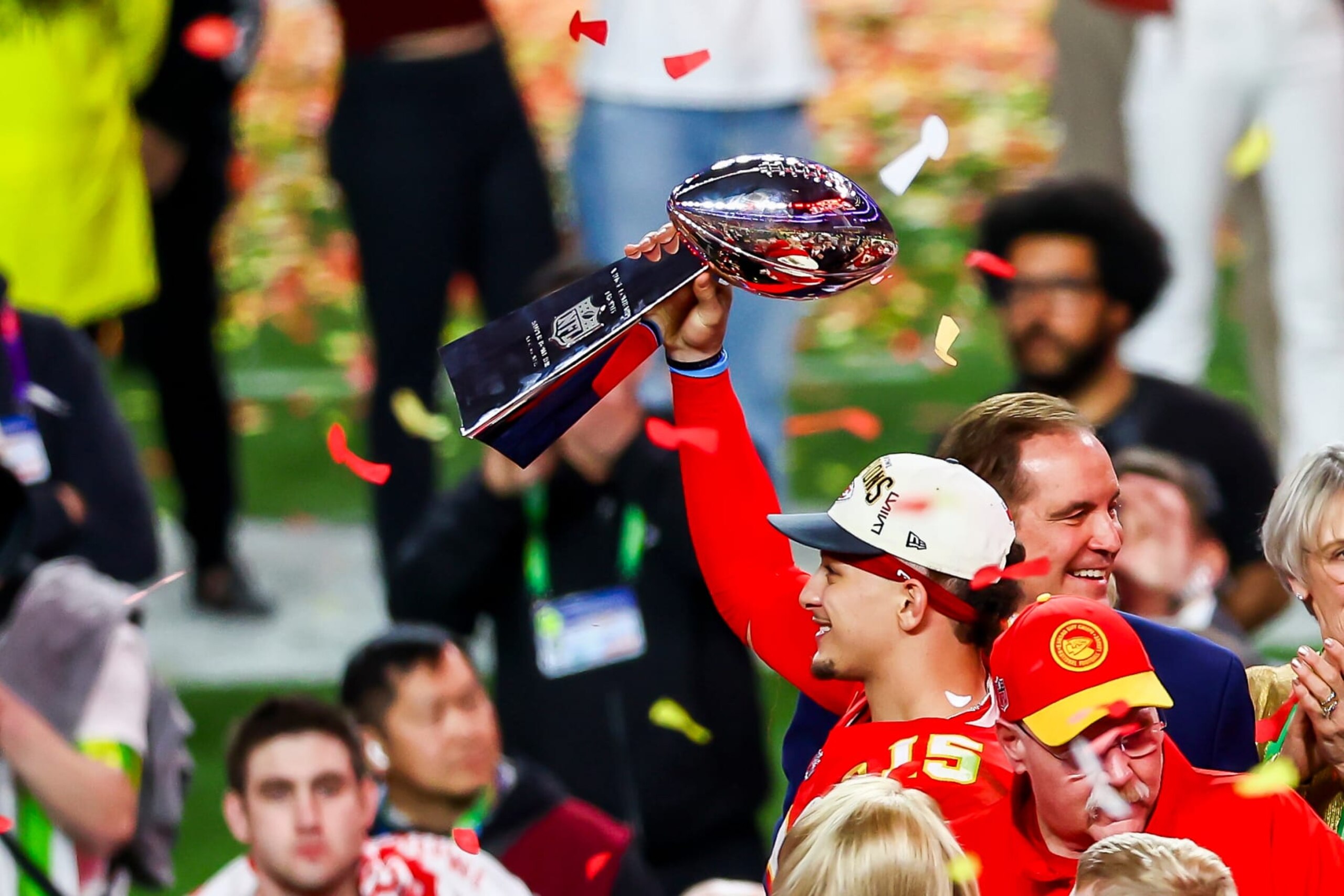 LAS VEGAS, NV - FEBRUARY 11: Kansas City Chiefs quarterback Patrick Mahomes (15) holds up the championship trophy after Super Bowl LVIII between the Kansas City Chiefs and the San Francisco 49ers on Sunday February 11, 2024 at Allegiant Stadium in Las Vegas, NV.  (Photo by Nick Tre. Smith/Icon Sportswire via Getty Images)