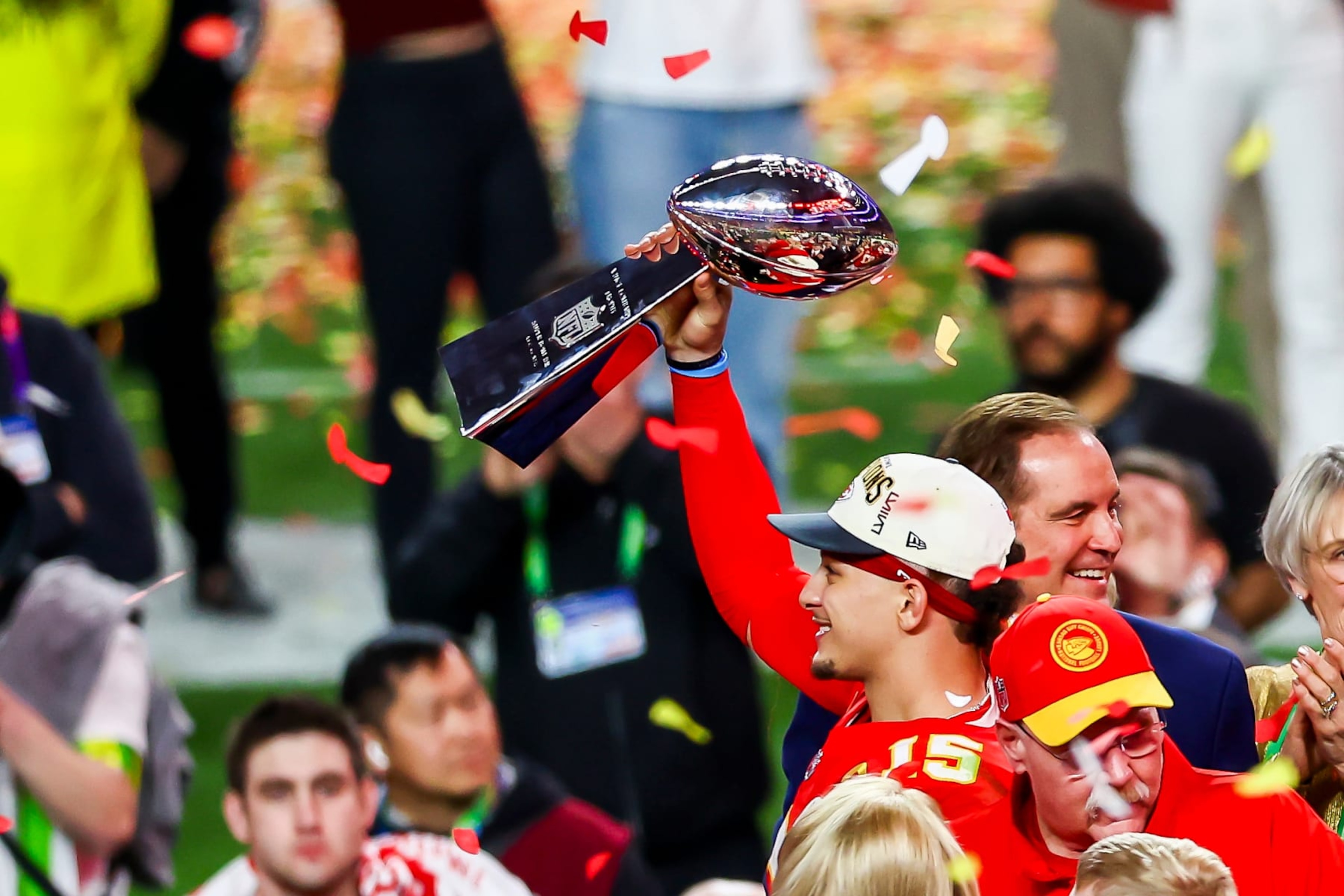 LAS VEGAS, NV - FEBRUARY 11: Kansas City Chiefs quarterback Patrick Mahomes (15) holds up the championship trophy after Super Bowl LVIII between the Kansas City Chiefs and the San Francisco 49ers on Sunday February 11, 2024 at Allegiant Stadium in Las Vegas, NV.  (Photo by Nick Tre. Smith/Icon Sportswire via Getty Images)