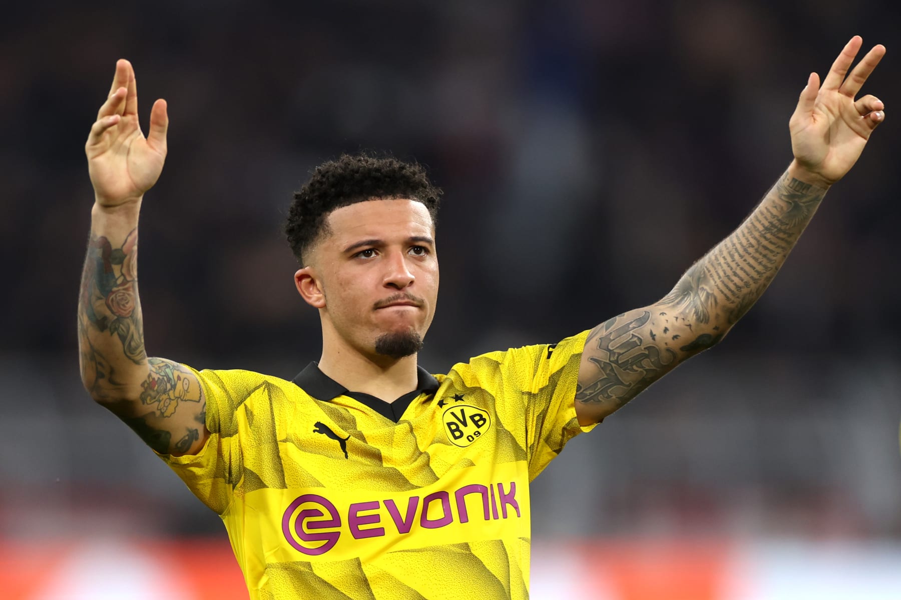 DORTMUND, GERMANY - MAY 01: Jadon Sancho of Borussia Dortmund shows appreciation to the fans at full-time following the team's victory in the UEFA Champions League semi-final first leg match between Borussia Dortmund and Paris Saint-Germain at Signal Iduna Park on May 01, 2024 in Dortmund, Germany. (Photo by Lars Baron/Getty Images) (Photo by Lars Baron/Getty Images)