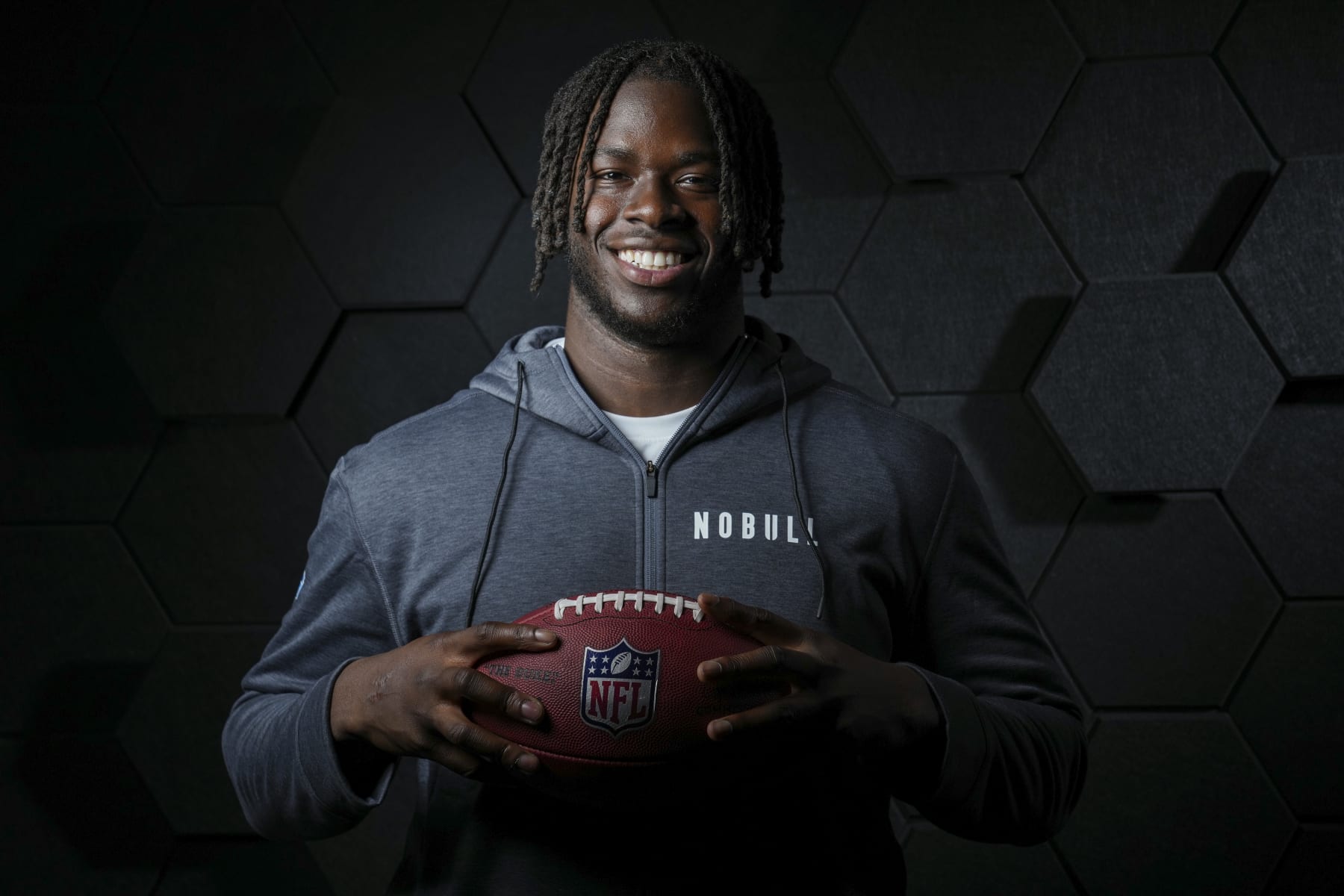INDIANAPOLIS, INDIANA - MARCH 1: Offensive tackle Olumuyiwa Fashanu of the Penn State Nittany Lions poses for portraits at the Indiana Convention Center on March 1, 2024 in Indianapolis, Indiana. (Photo by Todd Rosenberg/Getty Images)