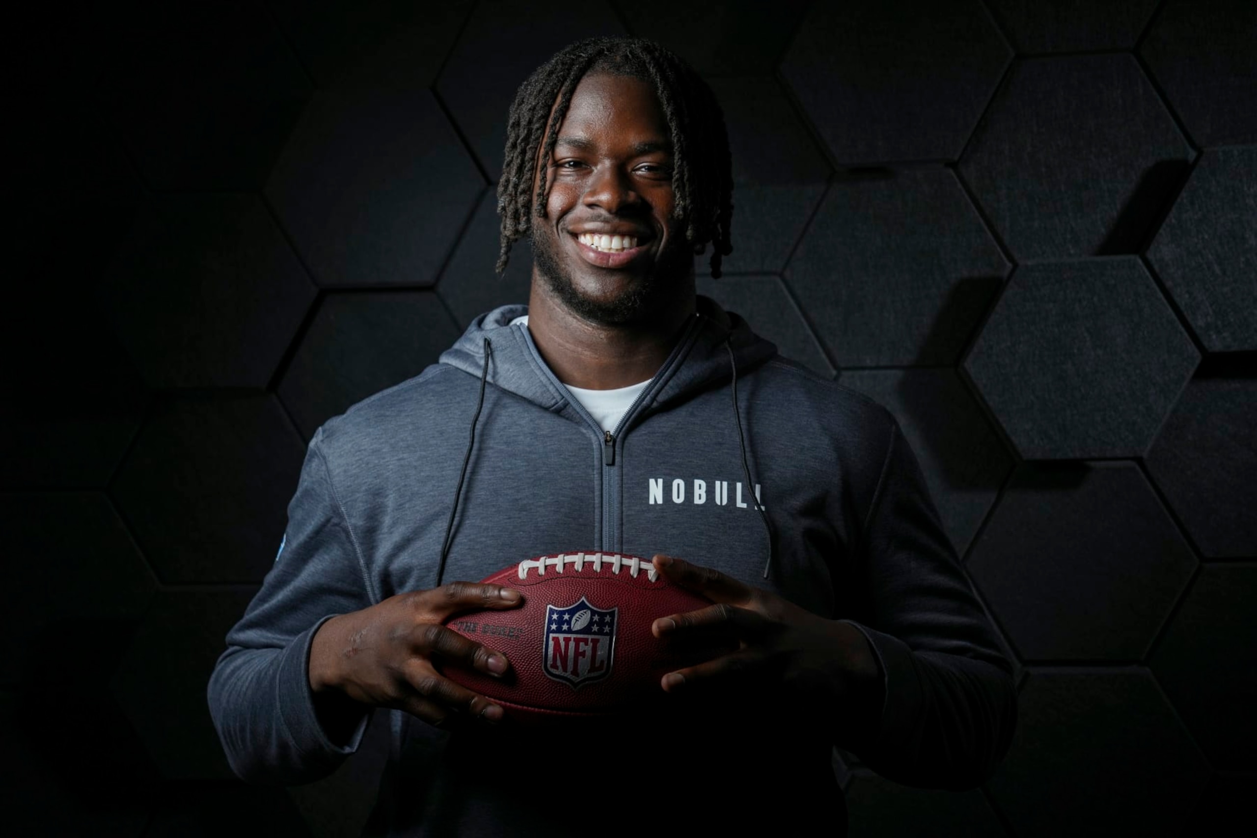 INDIANAPOLIS, INDIANA - MARCH 1: Offensive tackle Olumuyiwa Fashanu of the Penn State Nittany Lions poses for portraits at the Indiana Convention Center on March 1, 2024 in Indianapolis, Indiana. (Photo by Todd Rosenberg/Getty Images)