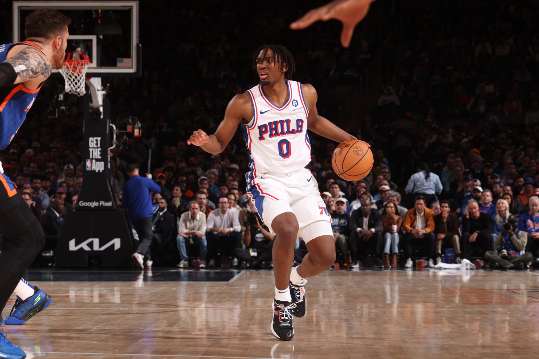 NEW YORK, NY - APRIL 30: Tyrese Maxey #0 of the Philadelphia 76ers dribbles the ball during the game against the New York Knicks during Round 1 Game 5 of the 2024 NBA Playoffs on April 30, 2024 at Madison Square Garden in New York City, New York.  NOTE TO USER: User expressly acknowledges and agrees that, by downloading and or using this photograph, User is consenting to the terms and conditions of the Getty Images License Agreement. Mandatory Copyright Notice: Copyright 2024 NBAE  (Photo by Nathaniel S. Butler/NBAE via Getty Images)