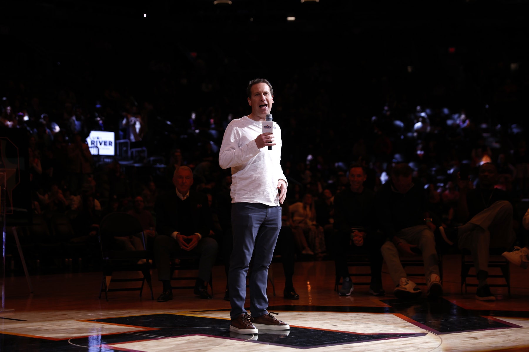 PHOENIX, ARIZONA - DECEMBER 15: Phoenix Suns owner Mat Ishbia addresses the crowd during a ceremony to retire former 
Suns player Shawn Marion's jersey after the game against the New York Knicks at Footprint Center on December 15, 2023 in Phoenix, Arizona. NOTE TO USER: User expressly acknowledges and agrees that, by downloading and or using this photograph, User is consenting to the terms and conditions of the Getty Images License Agreement.  (Photo by Chris Coduto/Getty Images)