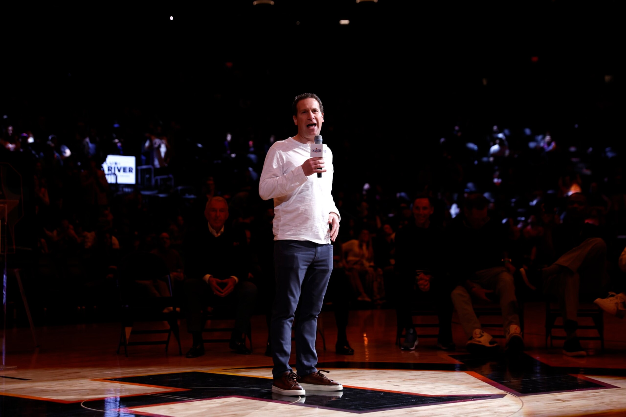 PHOENIX, ARIZONA - DECEMBER 15: Phoenix Suns owner Mat Ishbia addresses the crowd during a ceremony to retire former 
Suns player Shawn Marion's jersey after the game against the New York Knicks at Footprint Center on December 15, 2023 in Phoenix, Arizona. NOTE TO USER: User expressly acknowledges and agrees that, by downloading and or using this photograph, User is consenting to the terms and conditions of the Getty Images License Agreement.  (Photo by Chris Coduto/Getty Images)