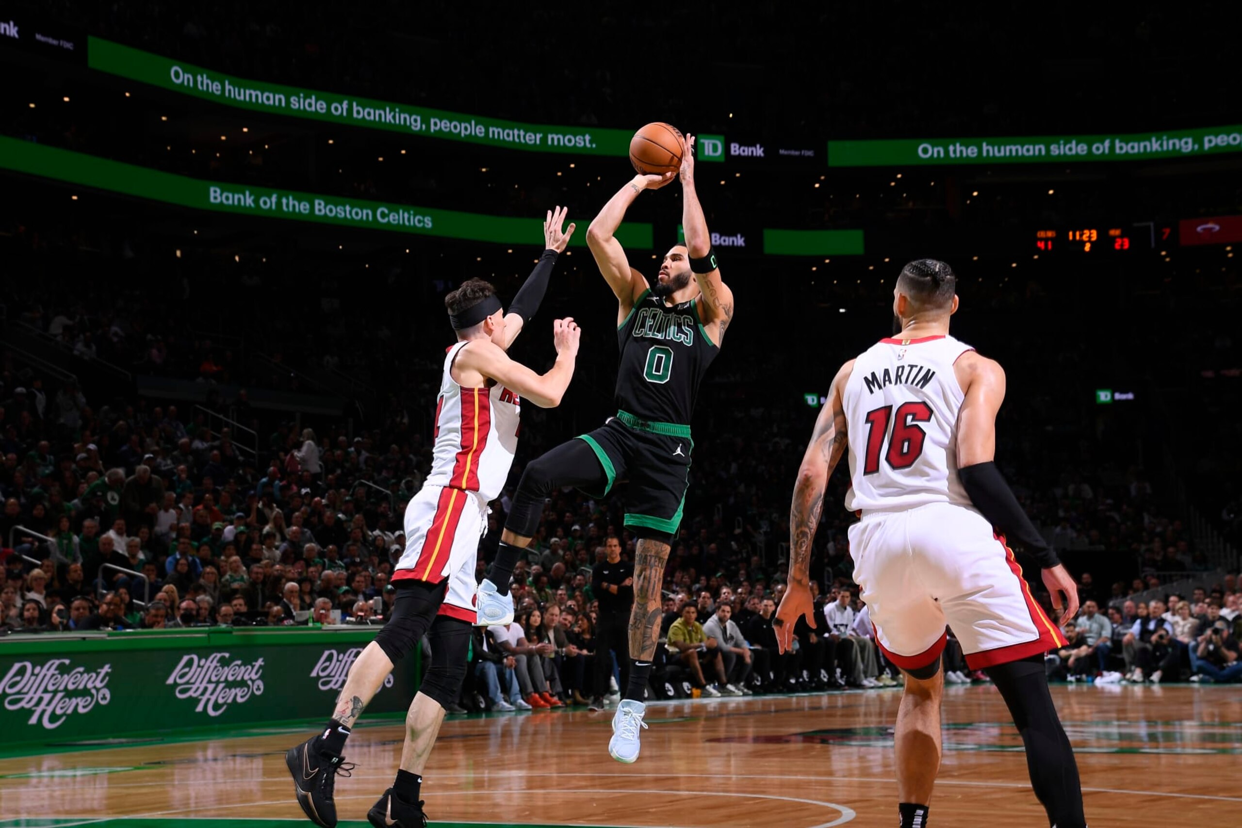 BOSTON, MA - MAY 1: Jayson Tatum #0 of the Boston Celtics shoots the ball during the game against the Miami Heat during Round 1 Game 5 of the 2024 NBA Playoffs on May 1, 2024 at the TD Garden in Boston, Massachusetts. NOTE TO USER: User expressly acknowledges and agrees that, by downloading and or using this photograph, User is consenting to the terms and conditions of the Getty Images License Agreement. Mandatory Copyright Notice: Copyright 2024 NBAE  (Photo by Brian Babineau/NBAE via Getty Images)