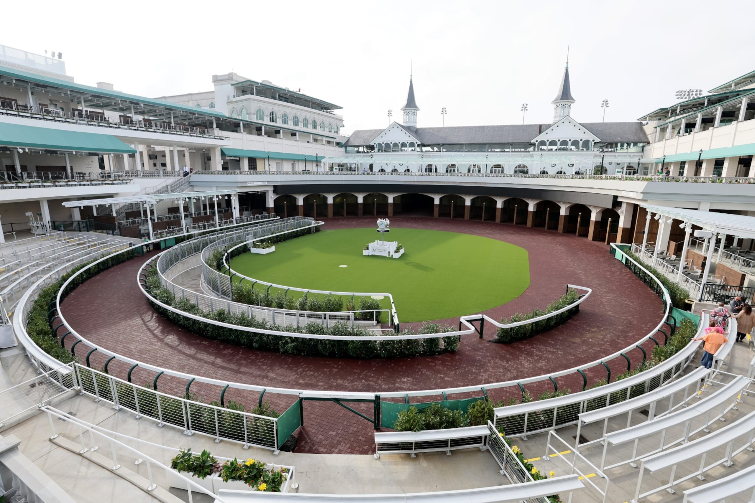 LOUISVILLE, KENTUCKY - APRIL 28: The redesigned paddock is pictured during the morning training for the Kentucky Derby at Churchill Downs on April 28, 2024 in Louisville, Kentucky. (Photo by Andy Lyons/Getty Images) LOUISVILLE, KENTUCKY - APRIL 28: The redesigned paddock is pictured during the morning training for the Kentucky Derby at Churchill Downs on April 28, 2024 in Louisville, Kentucky. (Photo by Andy Lyons/Getty Images)