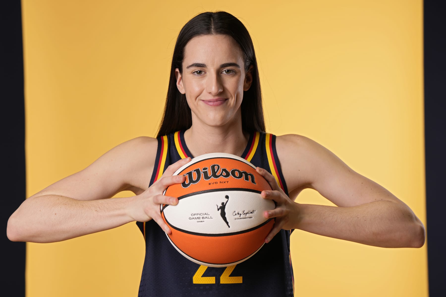INDIANAPOLIS, INDIANA - MAY 01: Caitlin Clark #22 of the Indiana Fever poses for a photo at Gainbridge Fieldhouse on May 01, 2024 in Indianapolis, Indiana. NOTE TO USER: User expressly acknowledges and agrees that, by downloading and or using this photograph, User is consenting to the terms and conditions of the Getty Images License Agreement. (Photo by Jeff Dean/Getty Images)