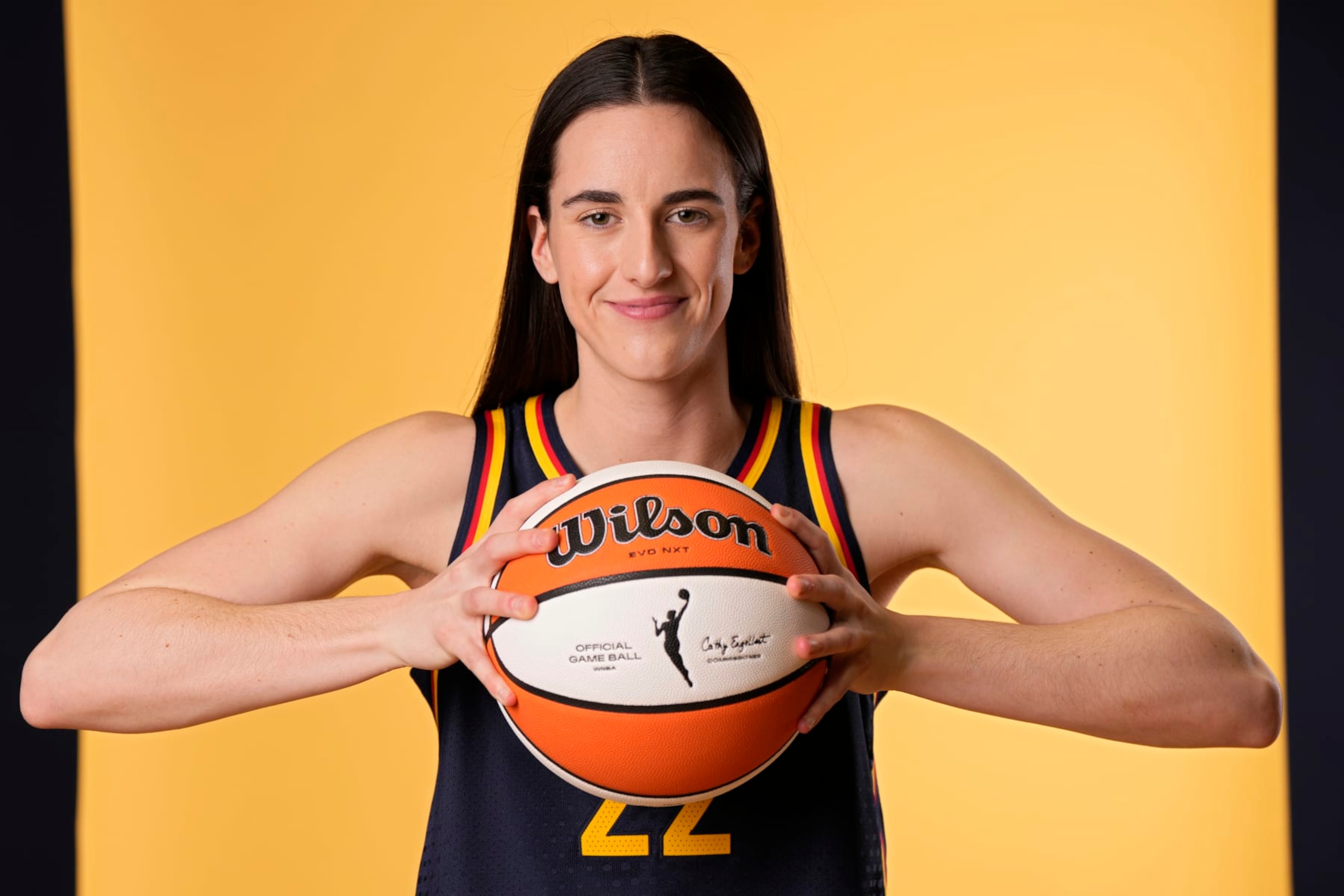 INDIANAPOLIS, INDIANA - MAY 01: Caitlin Clark #22 of the Indiana Fever poses for a photo at Gainbridge Fieldhouse on May 01, 2024 in Indianapolis, Indiana. NOTE TO USER: User expressly acknowledges and agrees that, by downloading and or using this photograph, User is consenting to the terms and conditions of the Getty Images License Agreement. (Photo by Jeff Dean/Getty Images)