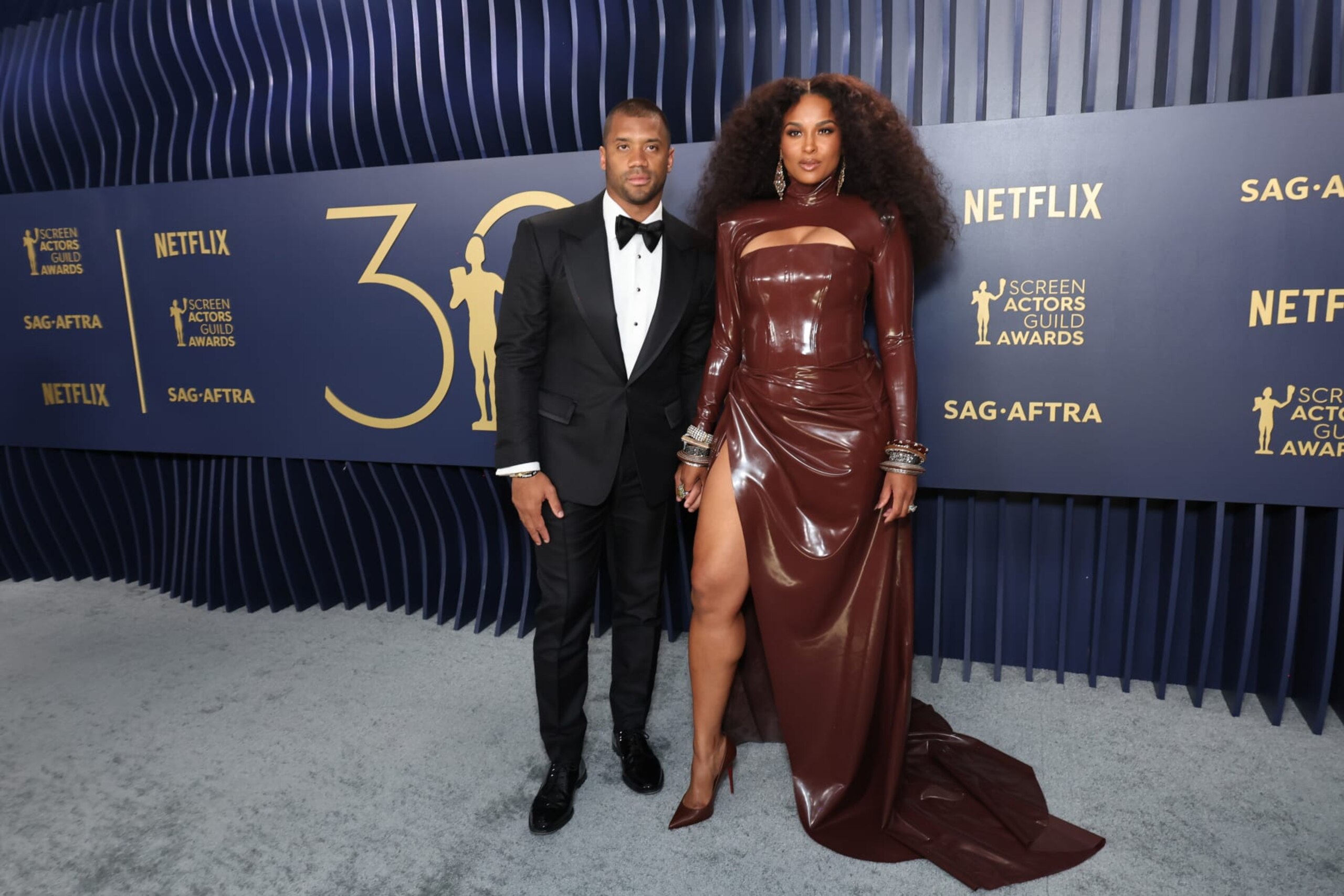 LOS ANGELES, CALIFORNIA - FEBRUARY 24:  (L-R) Russell Wilson and Ciara attend the 30th Annual Screen Actors Guild Awards at Shrine Auditorium and Expo Hall on February 24, 2024 in Los Angeles, California. (Photo by Amy Sussman/WireImage)