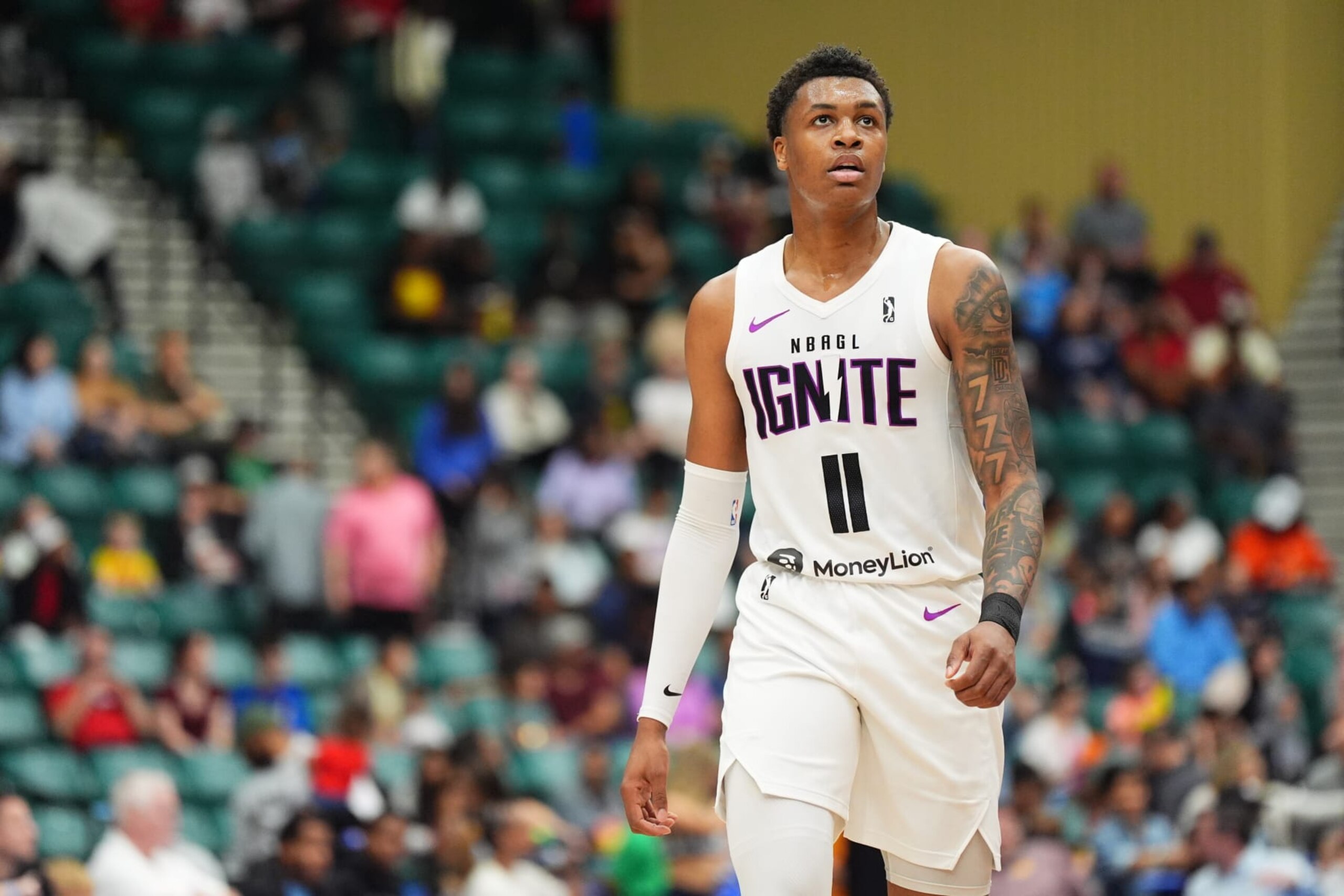 FRISCO, TX - FEBRUARY 27: Tyler Smith #11 of the G League Ignite looks on during the game against the Texas Legends on February 27, 2024 at Comerica Center in Frisco, Texas. NOTE TO USER: User expressly acknowledges and agrees that, by downloading and or using this photograph, User is consenting to the terms and conditions of the Getty Images License Agreement. Mandatory Copyright Notice: Copyright 2023 NBAE (Photo by Cooper Neill/NBAE via Getty Images)