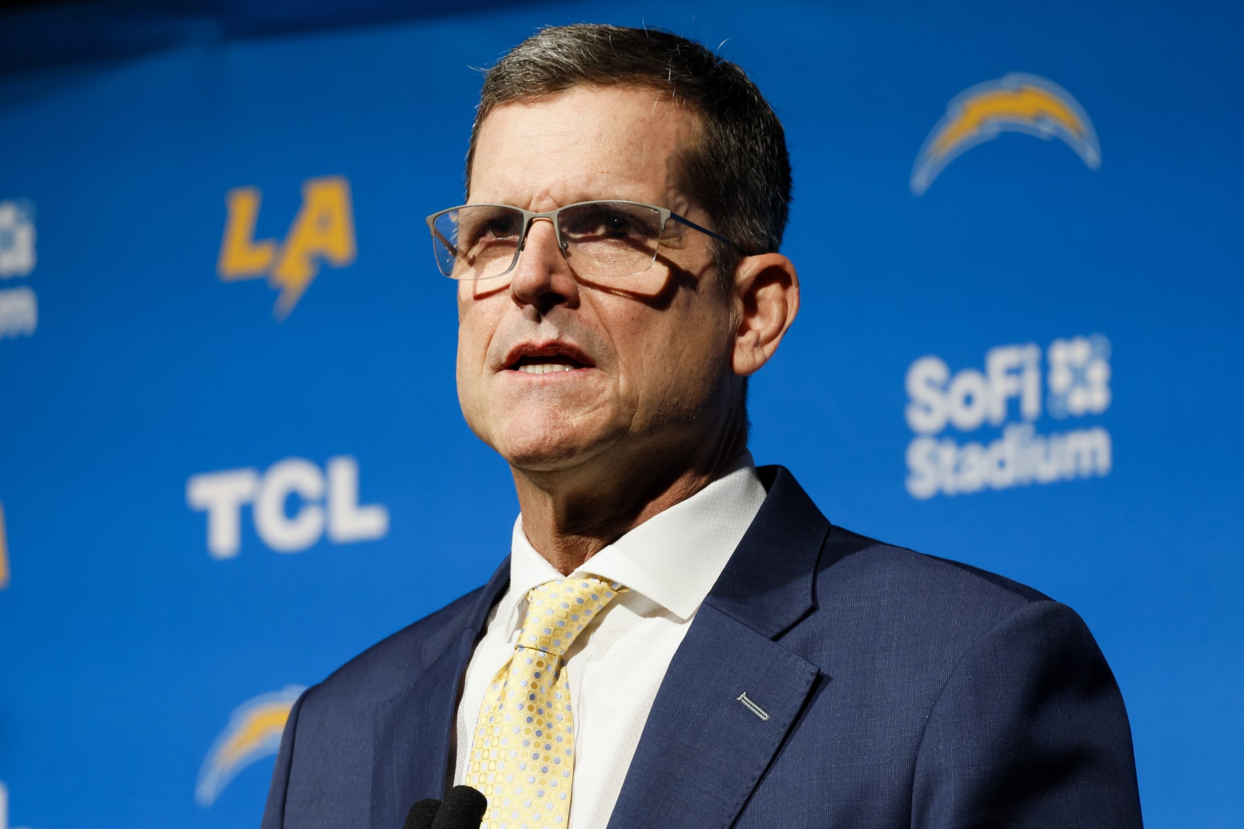 INGLEWOOD, CA - FEBRUARY 01: New Los Angeles Chargers Head Coach Jim Harbaugh speaks during his introductory press conference for at YouTube Theater in Inglewood Thursday, Feb. 1, 2024. (Allen J. Schaben / Los Angeles Times via Getty Images)