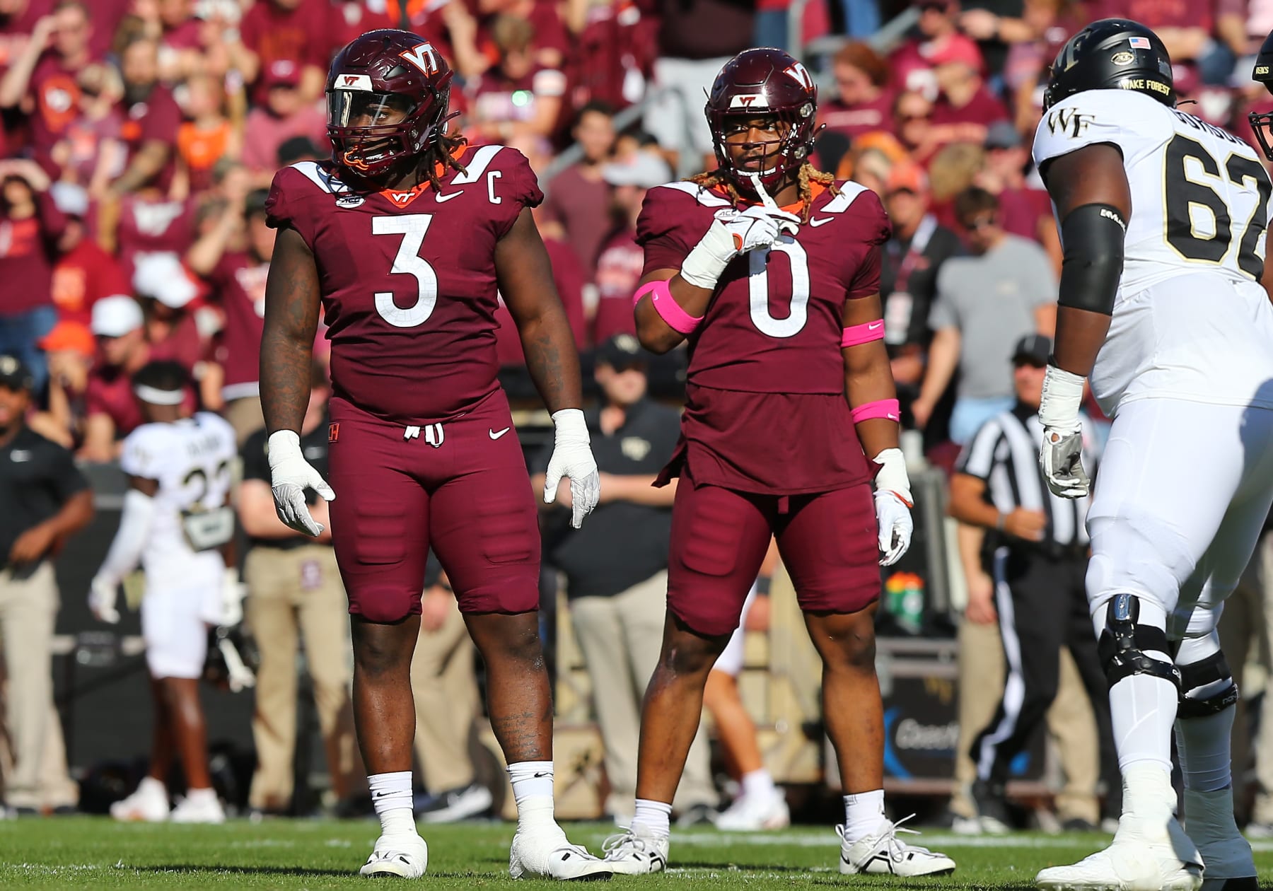 BLACKSBURG, VA - OCTOBER 14: Virginia Tech Hokies Defensive Linemen Pheldarius Payne (0) and Pheldarius Payne (0) during a college football game between the Wake Forest Demon Deacons and the Virginia Tech Hokies on October 14, 2023, at Lane Stadium in Blacksburg, VA. (Photo by Lee Coleman/Icon Sportswire via Getty Images)