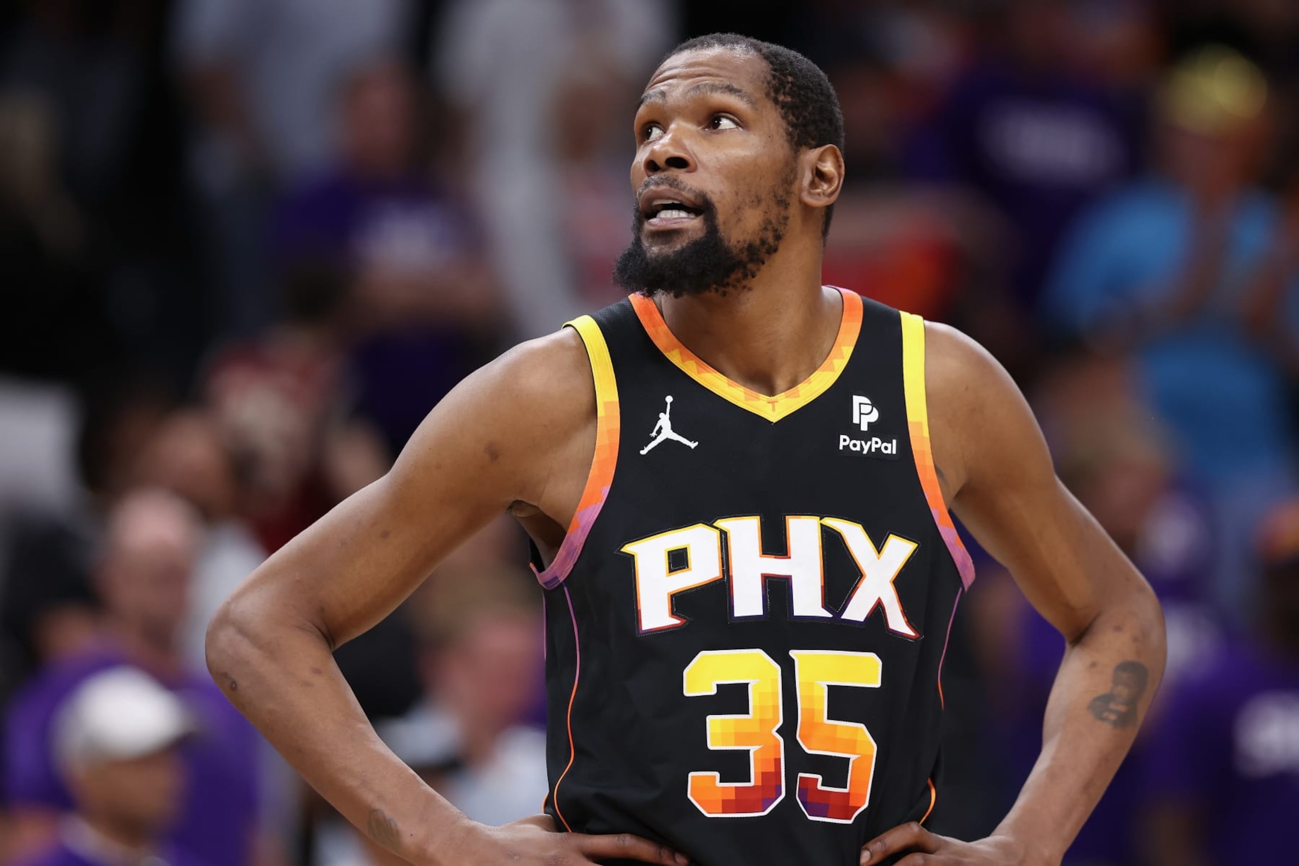 PHOENIX, ARIZONA - APRIL 28: Kevin Durant #35 of the Phoenix Suns during the second half of game four of the Western Conference First Round Playoffs at Footprint Center on April 28, 2024 in Phoenix, Arizona. The Timberwolves defeated the Suns 122-116 and win the series 4-0.  NOTE TO USER: User expressly acknowledges and agrees that, by downloading and or using this photograph, User is consenting to the terms and conditions of the Getty Images License Agreement.  (Photo by Christian Petersen/Getty Images)