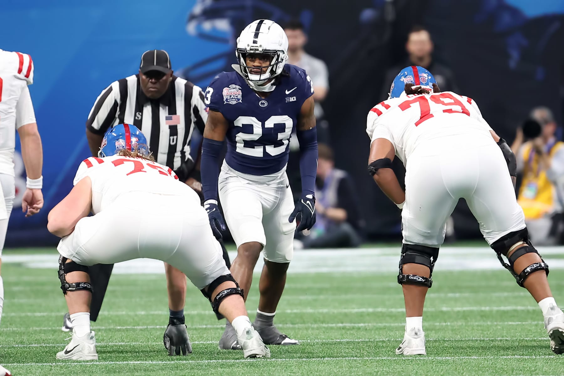 ATLANTA, GA - DECEMBER 30: Penn State Nittany Lions linebacker Curtis Jacobs (23) during the Chick-fil-A Peach Bowl between the Penn State Nittany Lions and the Mississippi Rebels on December 30, 2023 at Mercedes-Benz Stadium in Atlanta, Georgia.  (Photo by Michael Wade/Icon Sportswire via Getty Images)