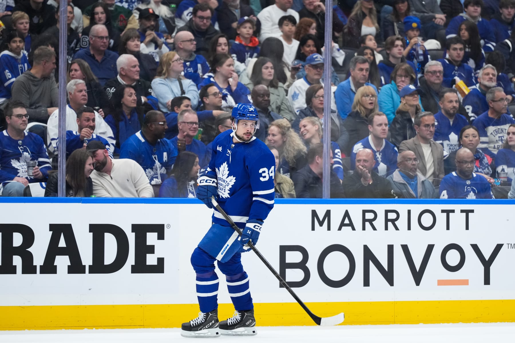 TORONTO, CANADA - APRIL 27: Auston Matthews #34 of the Toronto Maple Leafs looks on during the first period against the Boston Bruins in Game Four of the First Round of the 2024 Stanley Cup Playoffs at Scotiabank Arena on April 27, 2024 in Toronto, Ontario, Canada. (Photo by Michael Chisholm/NHLI via Getty Images)