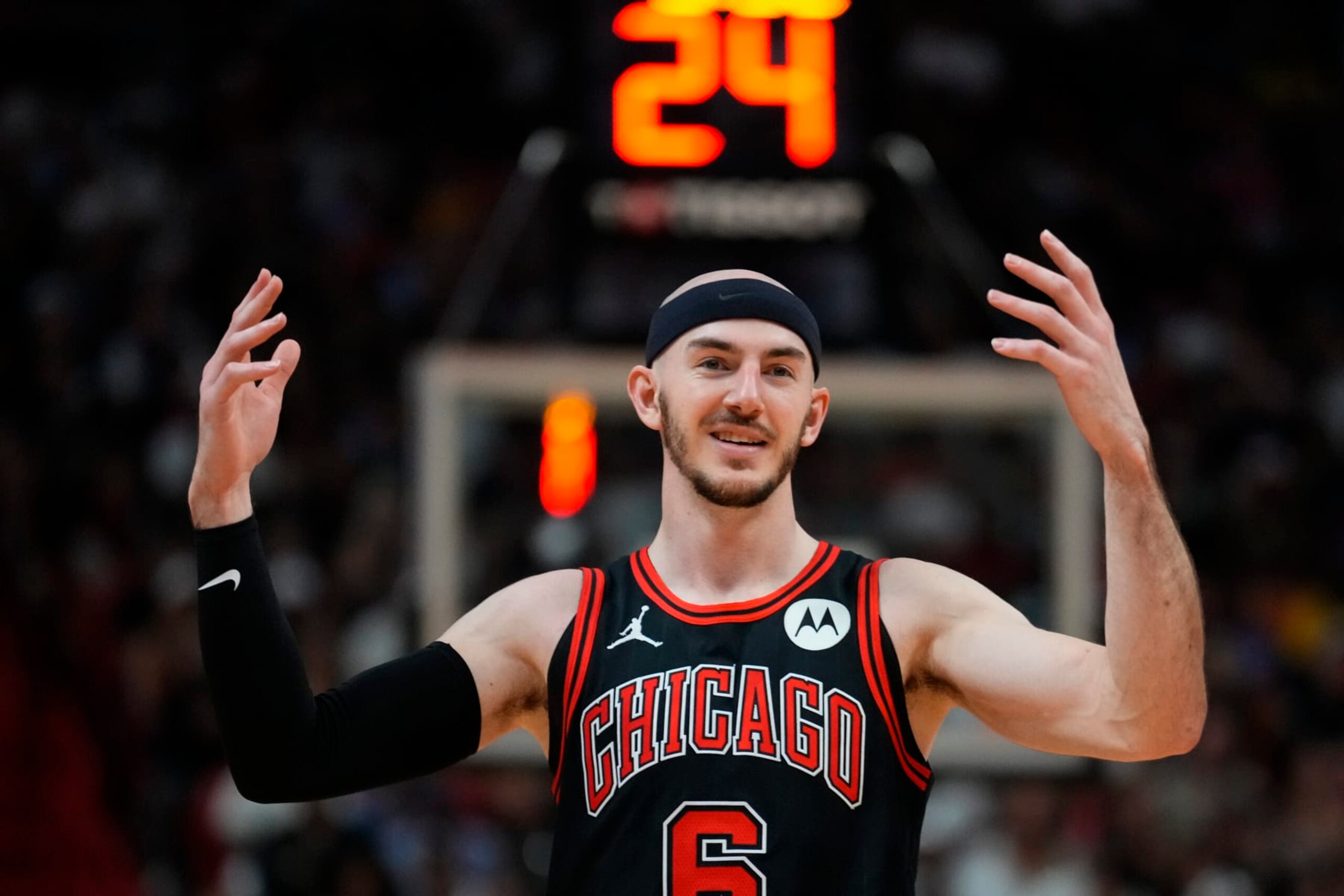 MIAMI, FLORIDA - APRIL 19: Alex Caruso #6 of the Chicago Bulls looks on against the Miami Heat in the fourth quarter during the Play-In Tournament at Kaseya Center on April 19, 2024 in Miami, Florida. NOTE TO USER: User expressly acknowledges and agrees that, by downloading and or using this photograph, User is consenting to the terms and conditions of the Getty Images License Agreement. (Photo by Rich Storry/Getty Images) MIAMI, FLORIDA - APRIL 19: Alex Caruso #6 of the Chicago Bulls looks on against the Miami Heat in the fourth quarter during the Play-In Tournament at Kaseya Center on April 19, 2024 in Miami, Florida. NOTE TO USER: User expressly acknowledges and agrees that, by downloading and or using this photograph, User is consenting to the terms and conditions of the Getty Images License Agreement. (Photo by Rich Storry/Getty Images)