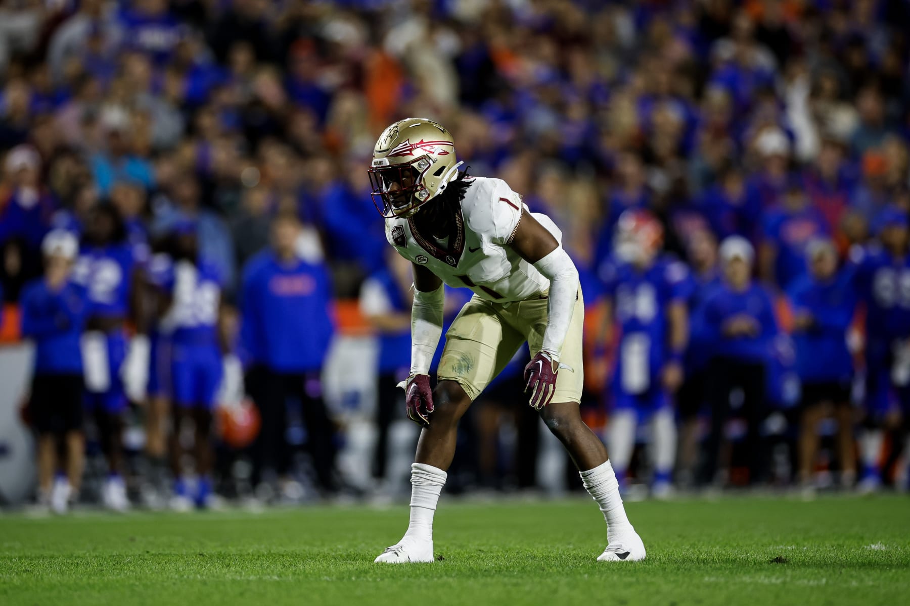 GAINESVILLE, FLORIDA - NOVEMBER 25: Akeem Dent #1 of the Florida State Seminoles looks on during the second half of a game against the Florida Gators at Ben Hill Griffin Stadium on November 25, 2023 in Gainesville, Florida. (Photo by James Gilbert/Getty Images)