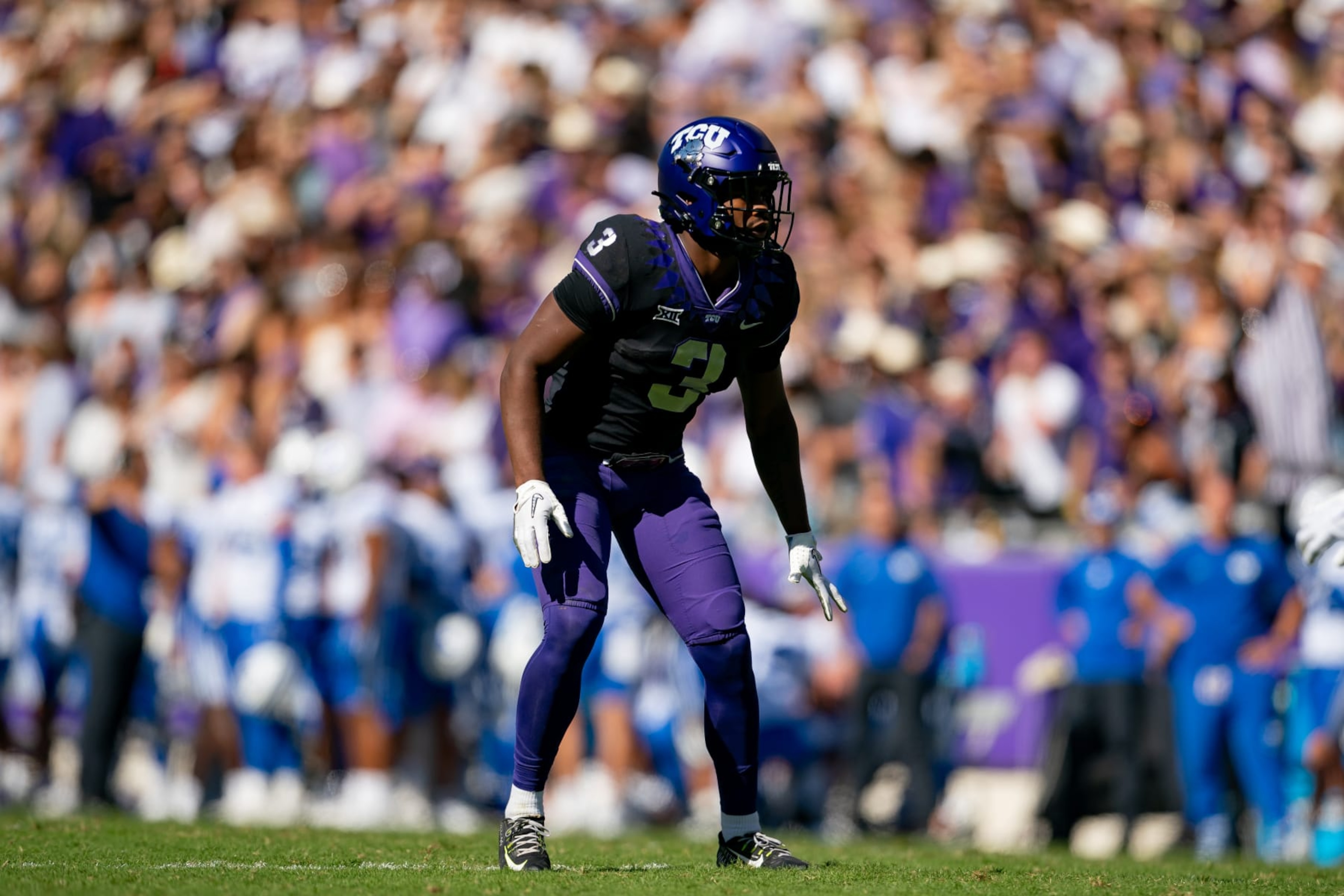 FORT WORTH, TX - OCTOBER 14: TCU Horned Frogs safety Mark Perry (3) gets lined up during a game between the Brigham Young Cougars and the TCU Horned Frogs on October 14, 2023, at Amon G. Carter Stadium in Fort Worth, TX. (Photo by Chris Leduc/Icon Sportswire via Getty Images)