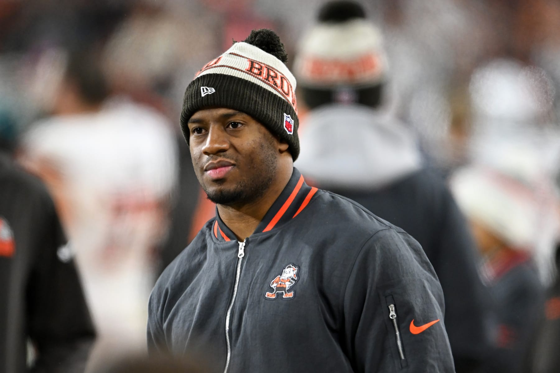 CLEVELAND, OHIO - DECEMBER 28: Nick Chubb #24 of the Cleveland Browns looks on during the first half against the New York Jets at Cleveland Browns Stadium on December 28, 2023 in Cleveland, Ohio. (Photo by Nick Cammett/Diamond Images via Getty Images)