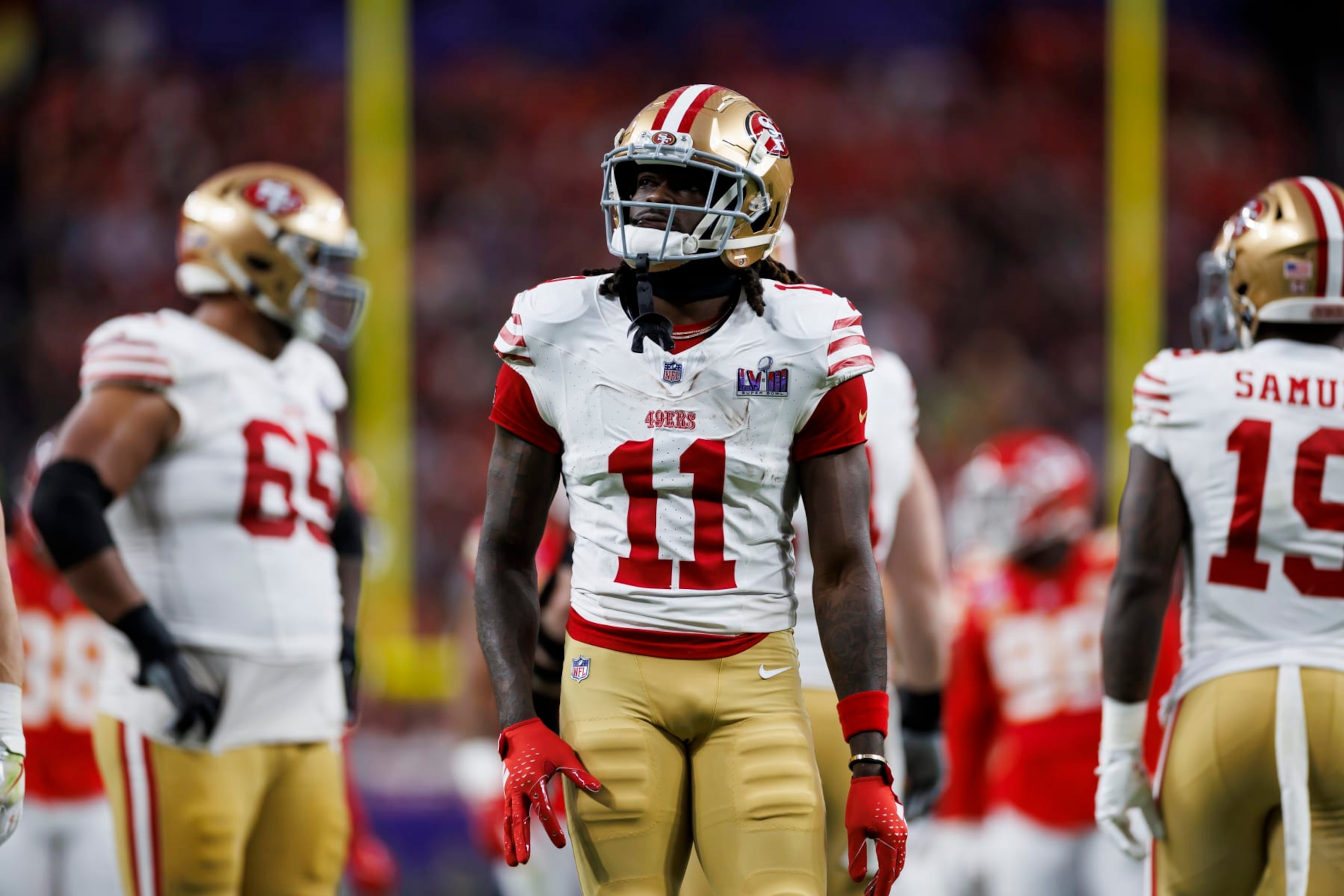 LAS VEGAS, NEVADA - FEBRUARY 11: Brandon Aiyuk #11 of the San Francisco 49ers looks on during Super Bowl LVIII against the Kansas City Chiefs at Allegiant Stadium on February 11, 2024 in Las Vegas, Nevada. (Photo by Ryan Kang/Getty Images) LAS VEGAS, NEVADA - FEBRUARY 11: Brandon Aiyuk #11 of the San Francisco 49ers looks on during Super Bowl LVIII against the Kansas City Chiefs at Allegiant Stadium on February 11, 2024 in Las Vegas, Nevada. (Photo by Ryan Kang/Getty Images)