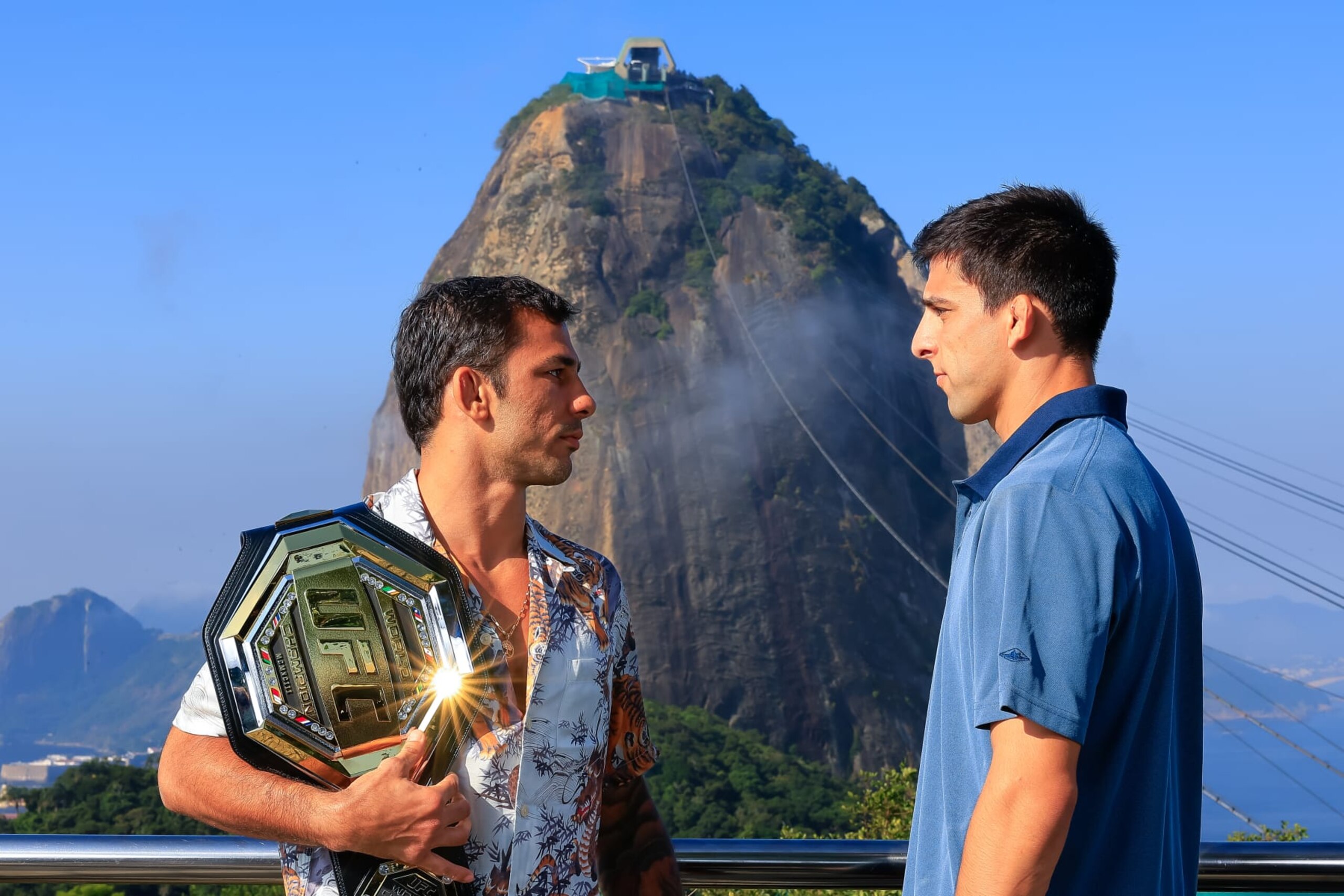 Opponents Alexandre Pantoja and Steve Erceg face off prior to UFC 301