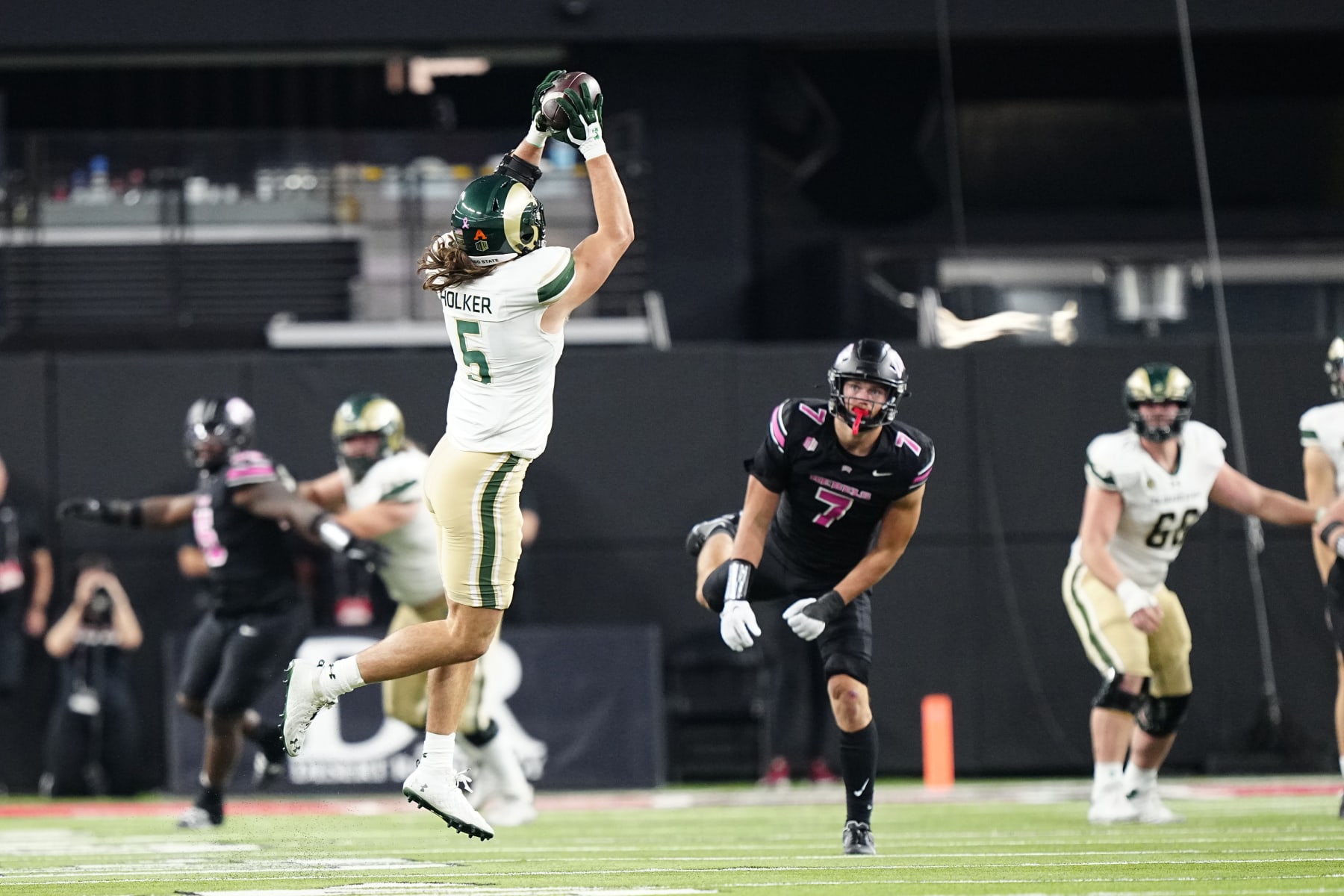 LAS VEGAS, NEVADA - OCTOBER 21: Dallin Holker #5 of the Colorado State Rams catches the ball in the second half of a game against the UNLV Rebels at Allegiant Stadium on October 21, 2023 in Las Vegas, Nevada. The Rebels defeated the Rams 25-23. (Photo by Louis Grasse/Getty Images)