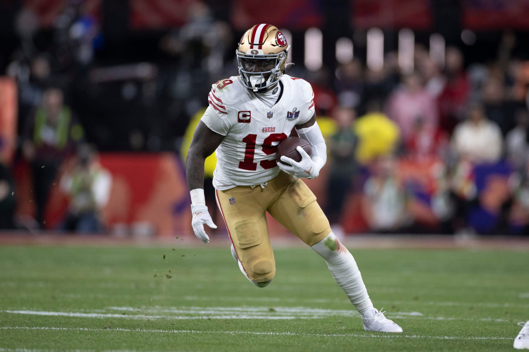 LAS VEGAS, NV - FEBRUARY 11: Deebo Samuel #19 of the San Francisco 49ers runs after making a catch during Super Bowl LVIII against the Kansas City Chiefs at Allegiant Stadium on February 11, 2024 in Las Vegas, Nevada. The Chiefs defeated the 49ers 25-22. (Photo by Michael Zagaris/San Francisco 49ers/Getty Images)