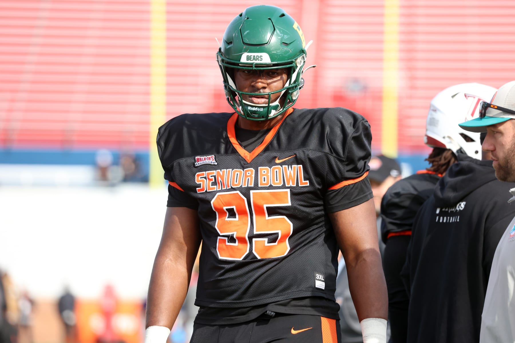 MOBILE, AL - FEBRUARY 01: National defensive lineman Gabe Hall of Baylor (95) during the National team practice for the Reese's Senior Bowl on February 31, 2024 at Hancock Whitney Stadium in Mobile, Alabama.  (Photo by Michael Wade/Icon Sportswire via Getty Images)