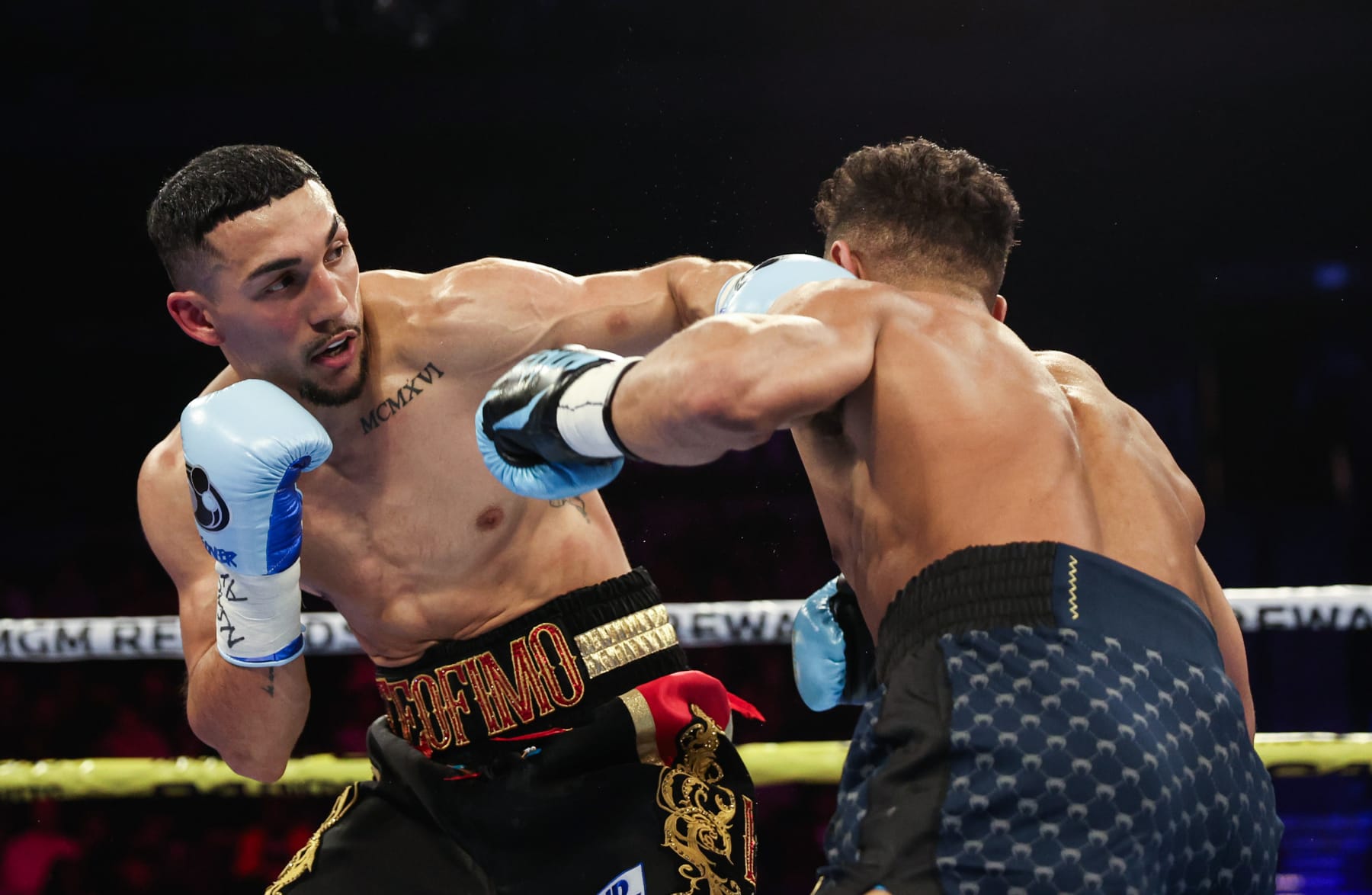 LAS VEGAS, NEVADA - FEBRUARY 08: Teofimo Lopez exchanges punches with Jamaine Ortiz for the WBO junior welterweight title at Michelob ULTRA Arena on February 08, 2024 in Las Vegas, Nevada. (Photo by Jamie Squire/Getty Images)