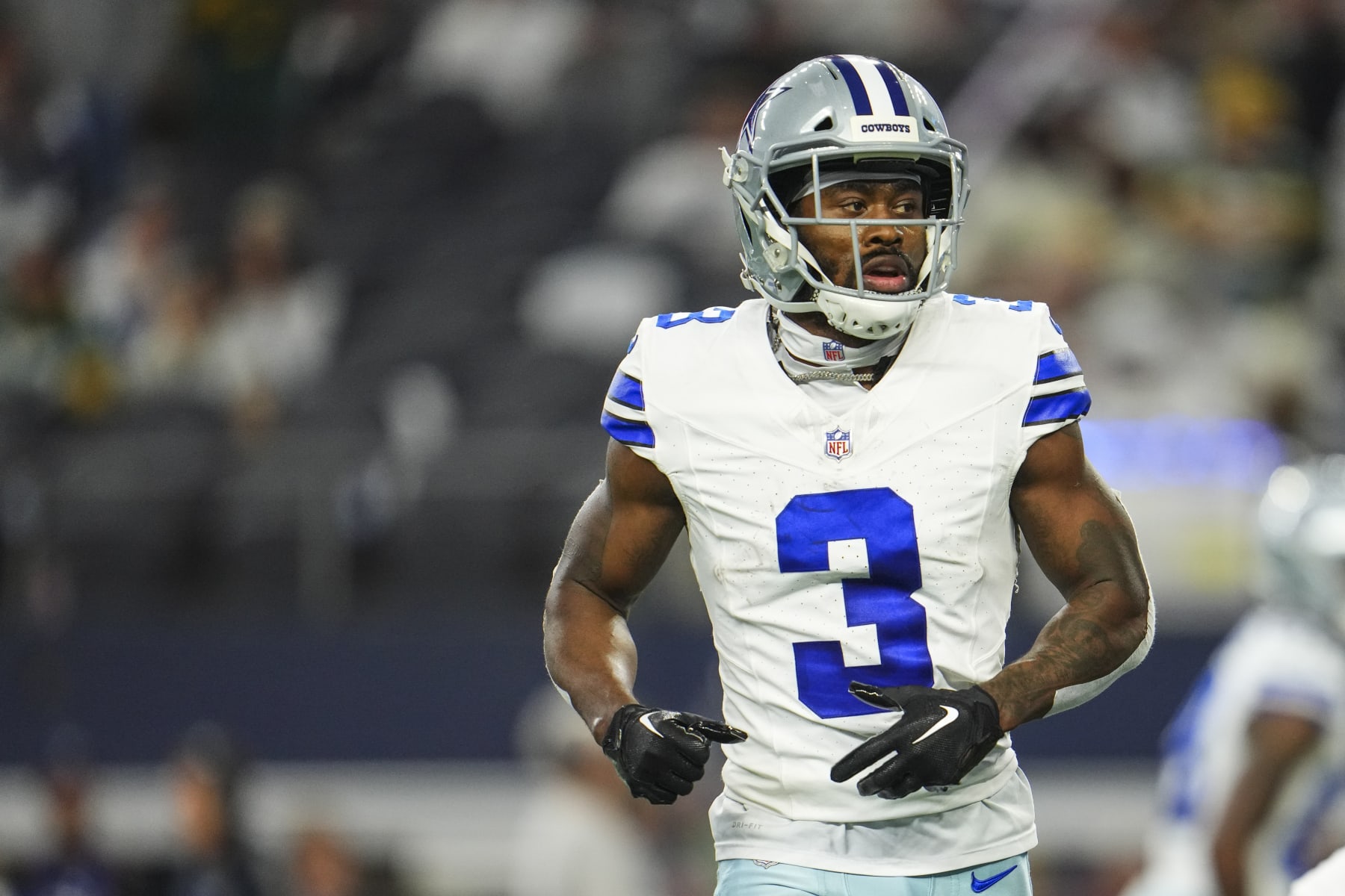 DALLAS, TX - JANUARY 14: Brandin Cooks #3 of the Dallas Cowboys is set in motion during an NFL wild-card playoff football game against the Green Bay Packers at AT&T Stadium on January 14, 2024 in Dallas, Texas. (Photo by Cooper Neill/Getty Images)