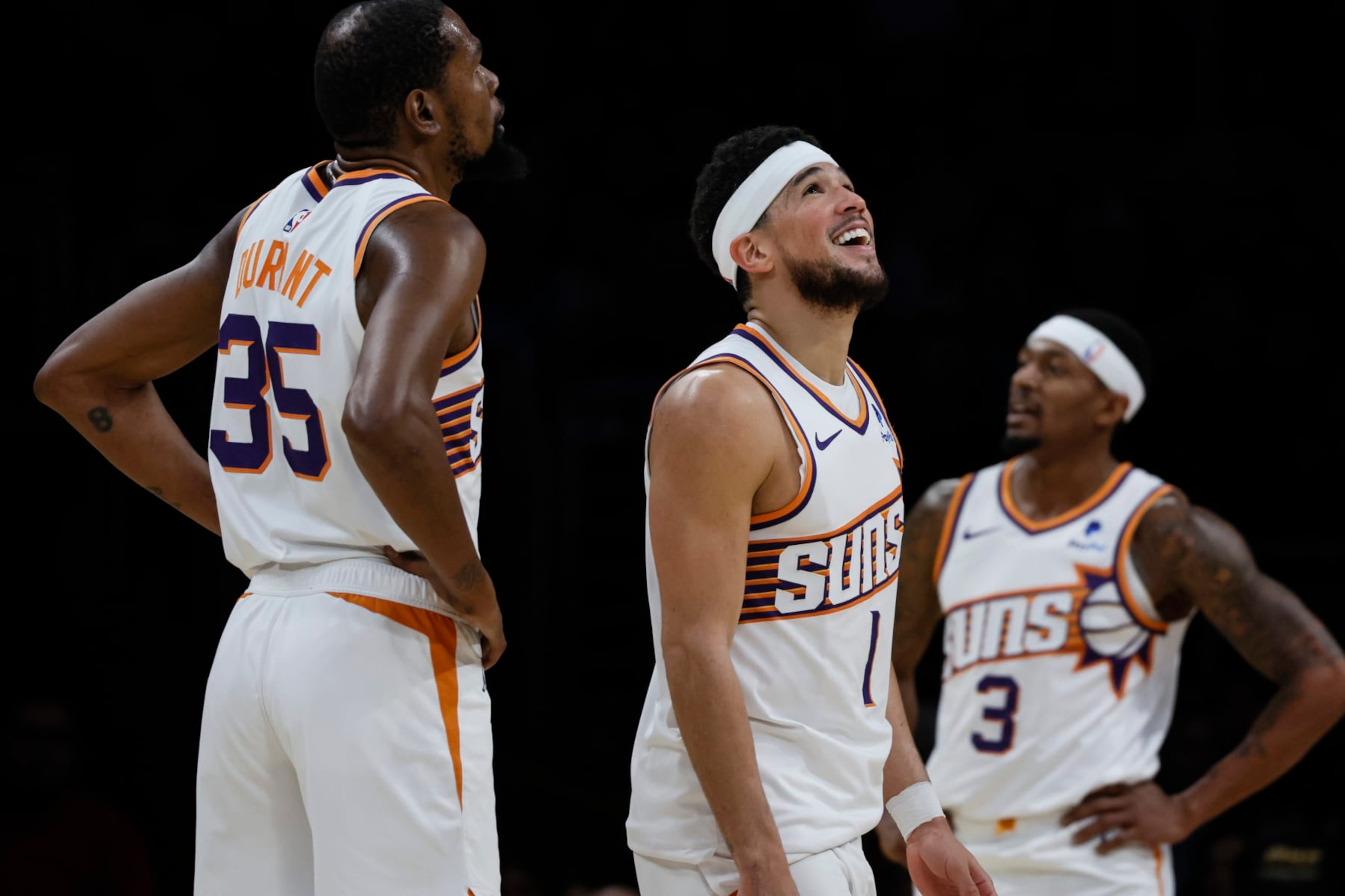 Los Angeles, CA, Thursday, January 11, 2024 - Phoenix Suns forward Kevin Durant (35), guard Devin Booker (1) and guard Bradley Beal (3) lead the Suns to a 127-109 win over the Lakers at Crypto.Com Arena. (Robert Gauthier/Los Angeles Times via Getty Images) Los Angeles, CA, Thursday, January 11, 2024 - Phoenix Suns forward Kevin Durant (35), guard Devin Booker (1) and guard Bradley Beal (3) lead the Suns to a 127-109 win over the Lakers at Crypto.Com Arena. (Robert Gauthier/Los Angeles Times via Getty Images)