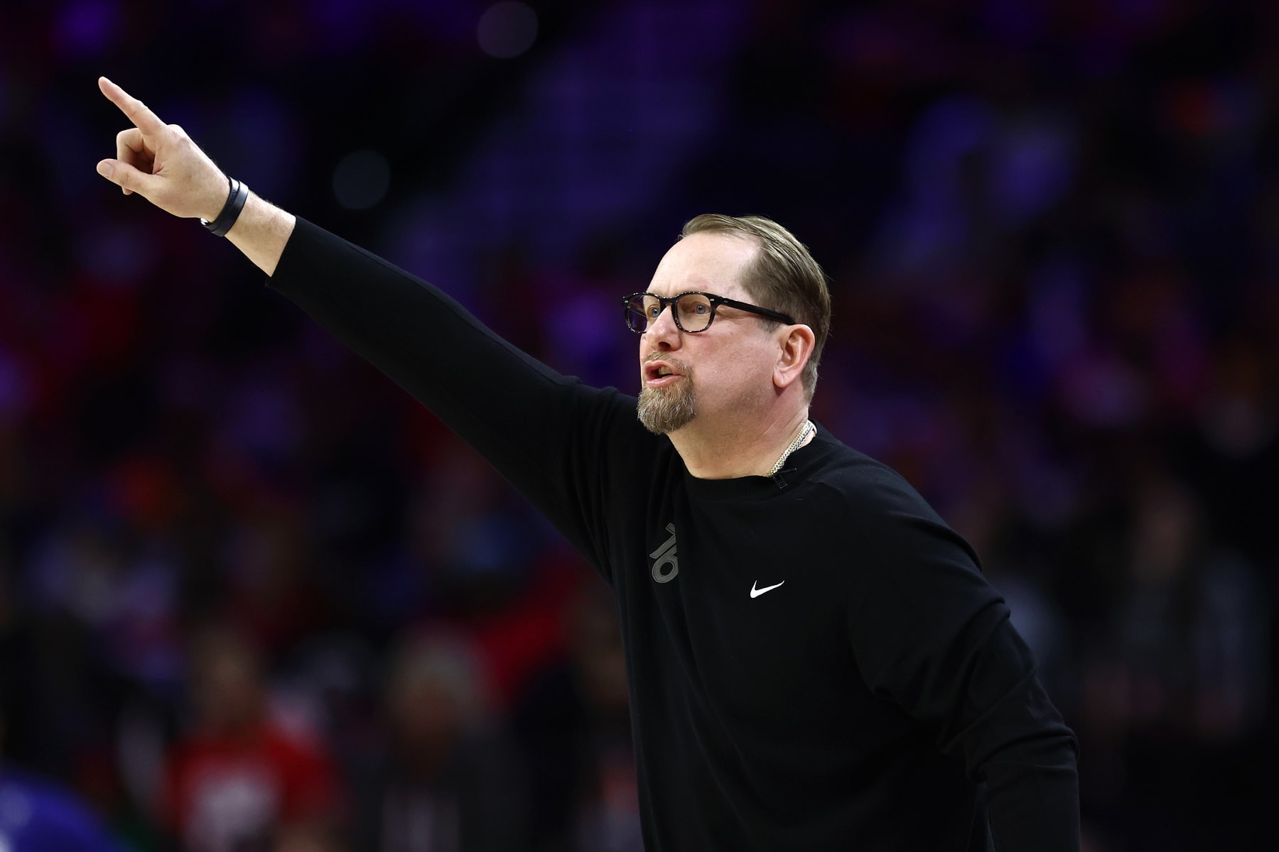 PHILADELPHIA, PENNSYLVANIA - APRIL 25: Head coach Nick Nurse of the Philadelphia 76ers reacts during the second quarter against the New York Knicks during game three of the Eastern Conference First Round Playoffs at the Wells Fargo Center on April 25, 2024 in Philadelphia, Pennsylvania. NOTE TO USER: User expressly acknowledges and agrees that, by downloading and/or using this Photograph, user is consenting to the terms and conditions of the Getty Images License Agreement. (Photo by Tim Nwachukwu/Getty Images)