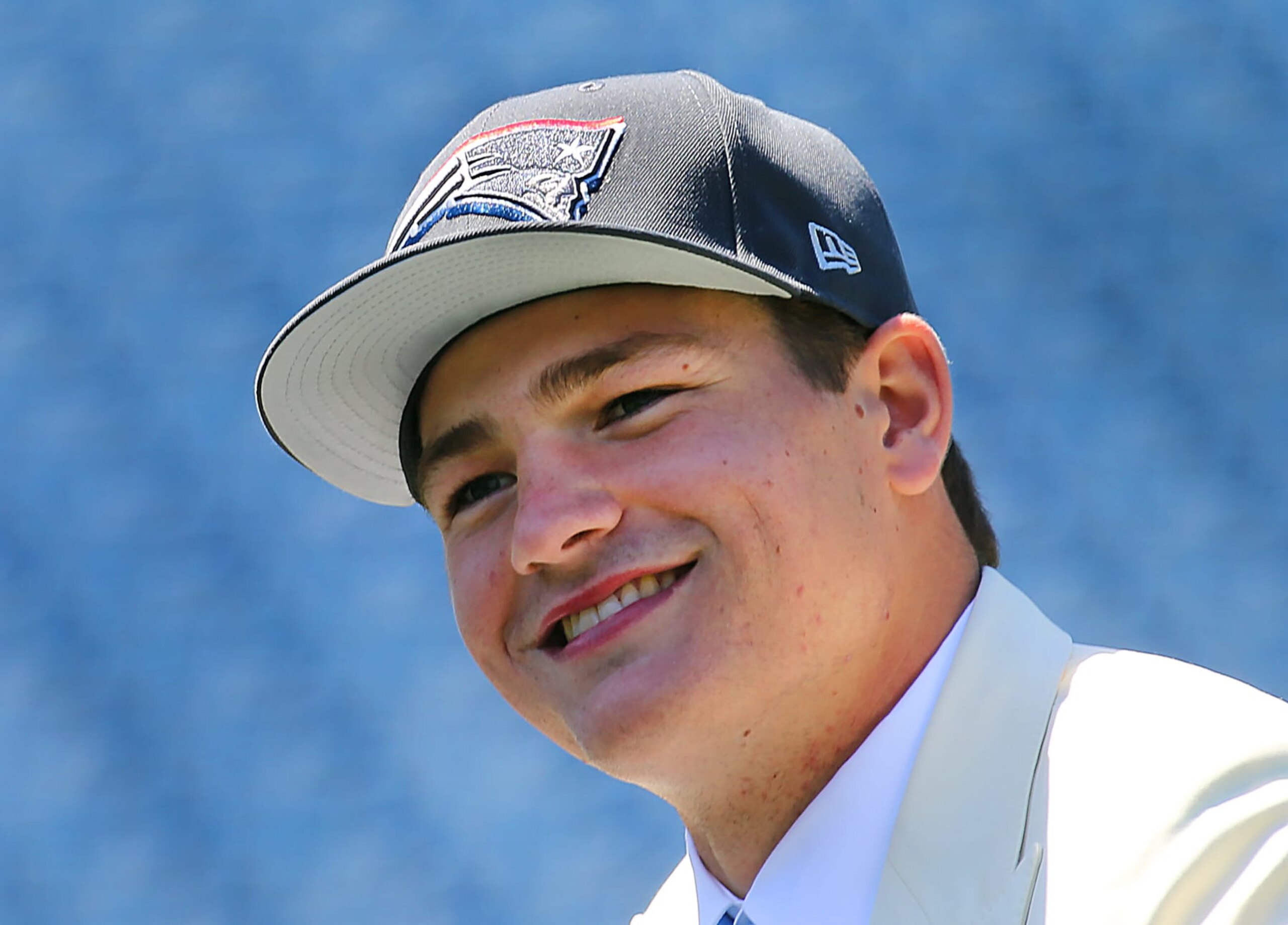 Foxborough, MA - April 26: New England Patriots QB Drake Maye at his introductory press conference at Gillette Stadium. (Photo by John Tlumacki/The Boston Globe via Getty Images)