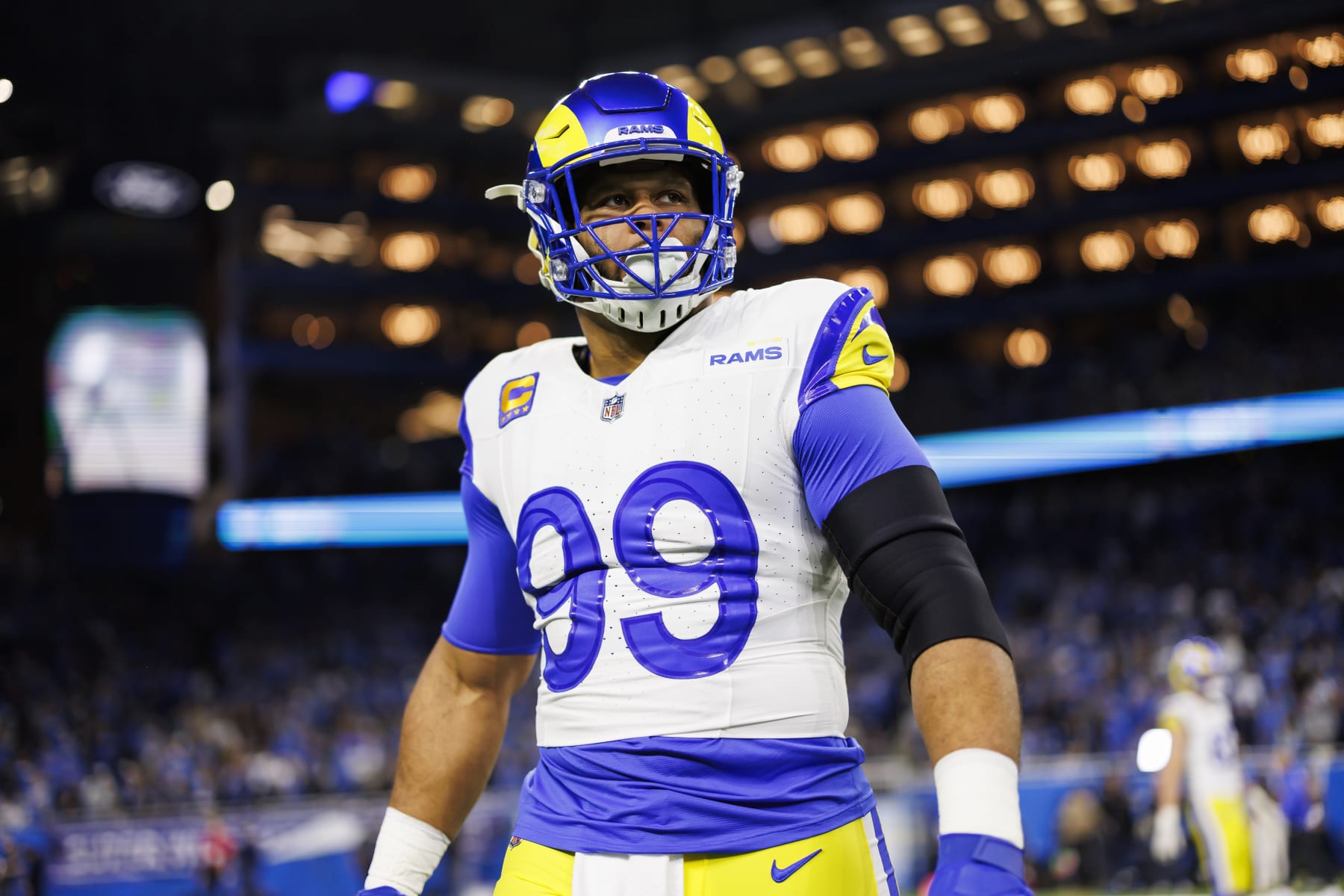 DETROIT, MICHIGAN - JANUARY 14: Aaron Donald #99 of the Los Angeles Rams looks on during pregame warmups prior to an NFC Wild Card Playoff football game against the Detroit Lions at Ford Field on January 14, 2024 in Detroit, Michigan. (Photo by Ryan Kang/Getty Images)