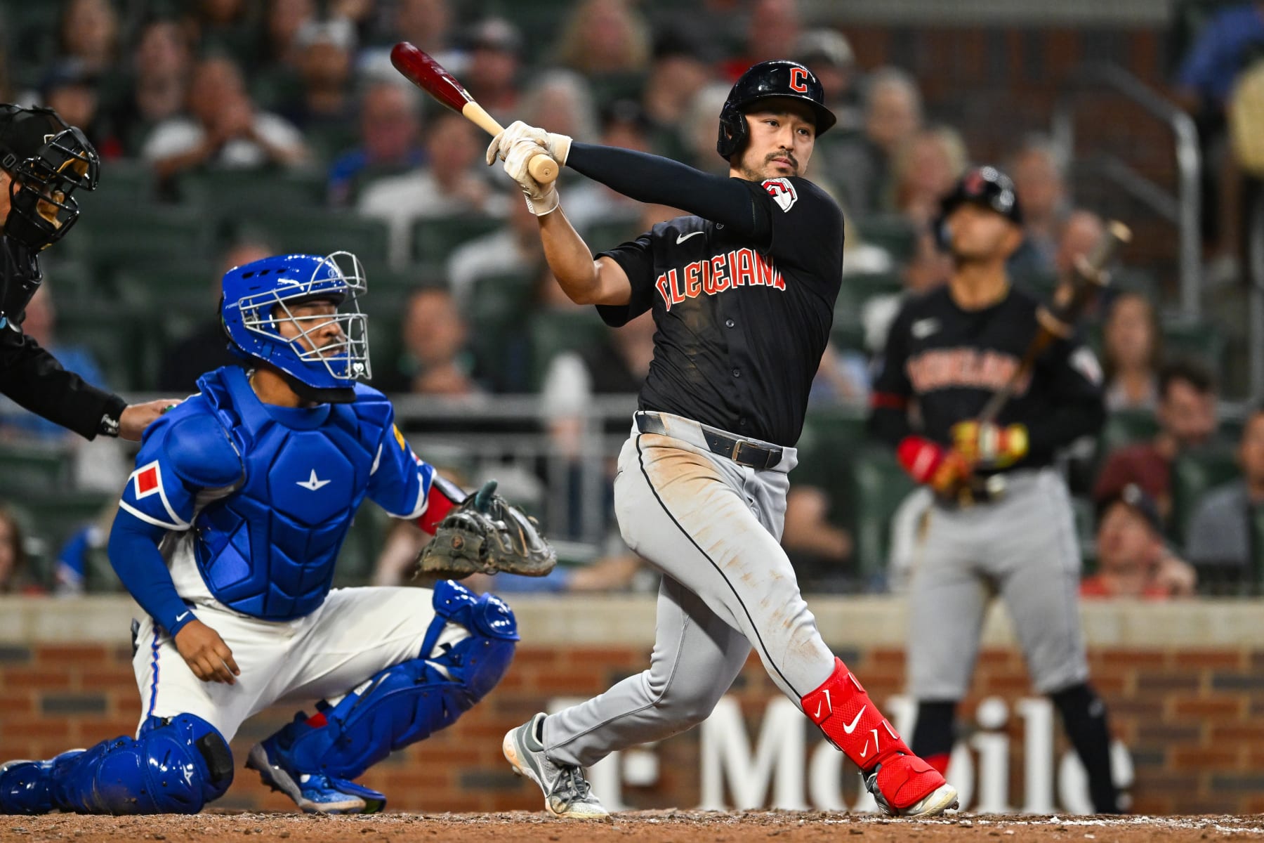 ATLANTA, GA  APRIL 27:  Cleveland outfielder Steven Kwan (38) hits a line drive during the MLB game between the Cleveland Guardians and the Atlanta Braves on April 27th, 2024 at Truist Park in Atlanta, GA. (Photo by Rich von Biberstein/Icon Sportswire via Getty Images)