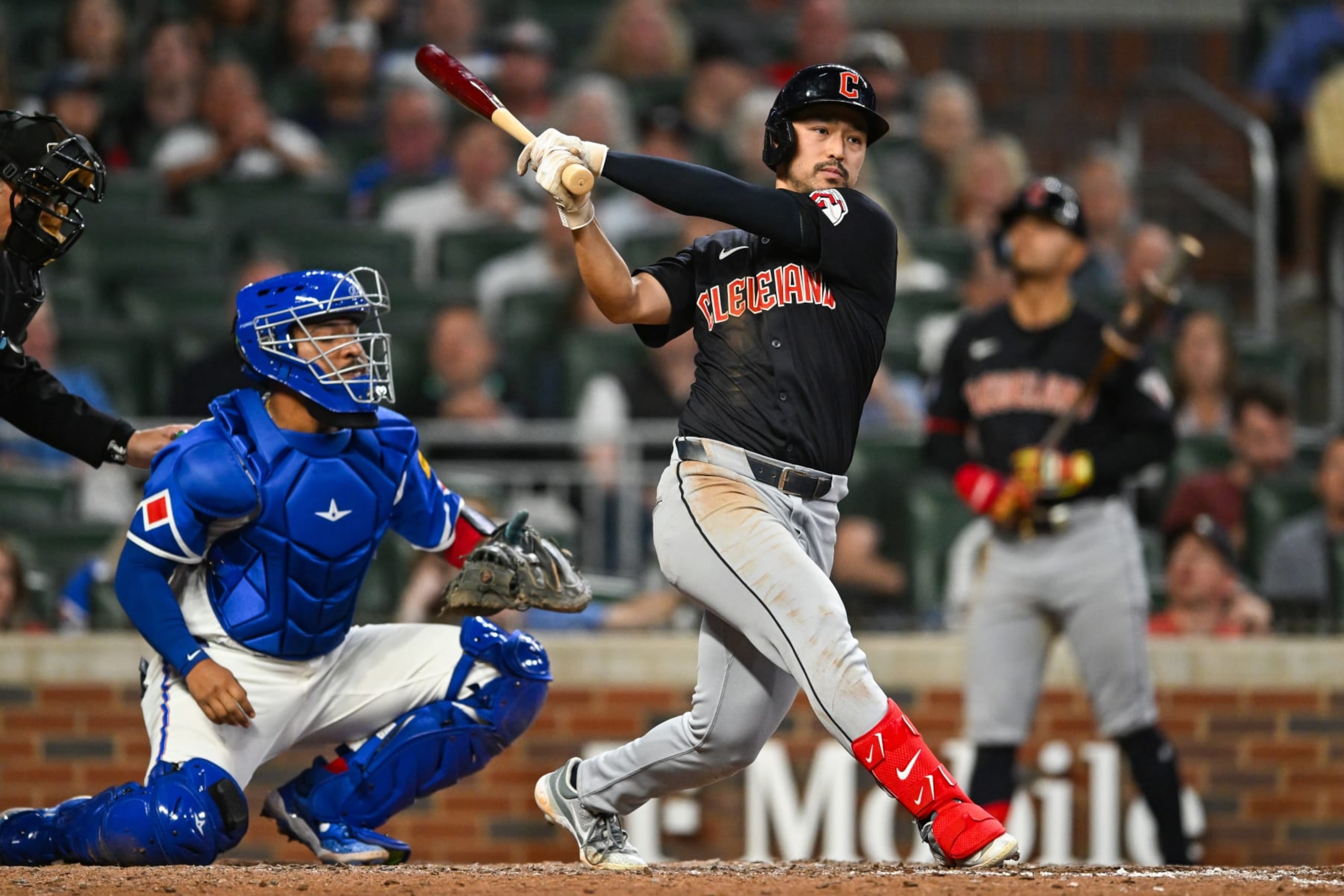 ATLANTA, GA  APRIL 27:  Cleveland outfielder Steven Kwan (38) hits a line drive during the MLB game between the Cleveland Guardians and the Atlanta Braves on April 27th, 2024 at Truist Park in Atlanta, GA. (Photo by Rich von Biberstein/Icon Sportswire via Getty Images)