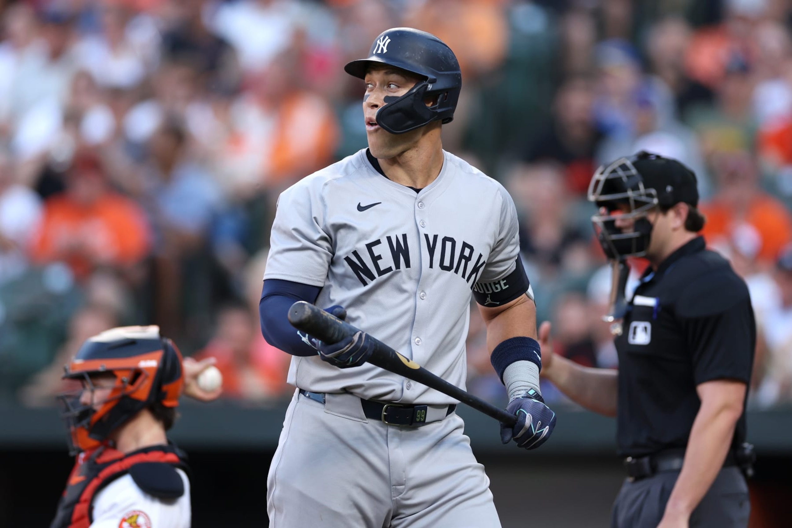 BALTIMORE, MARYLAND - MAY 01: Aaron Judge #99 of the New York Yankees reacts after batting against the Baltimore Orioles during the first inning at Oriole Park at Camden Yards on May 1, 2024 in Baltimore, Maryland. (Photo by Patrick Smith/Getty Images)