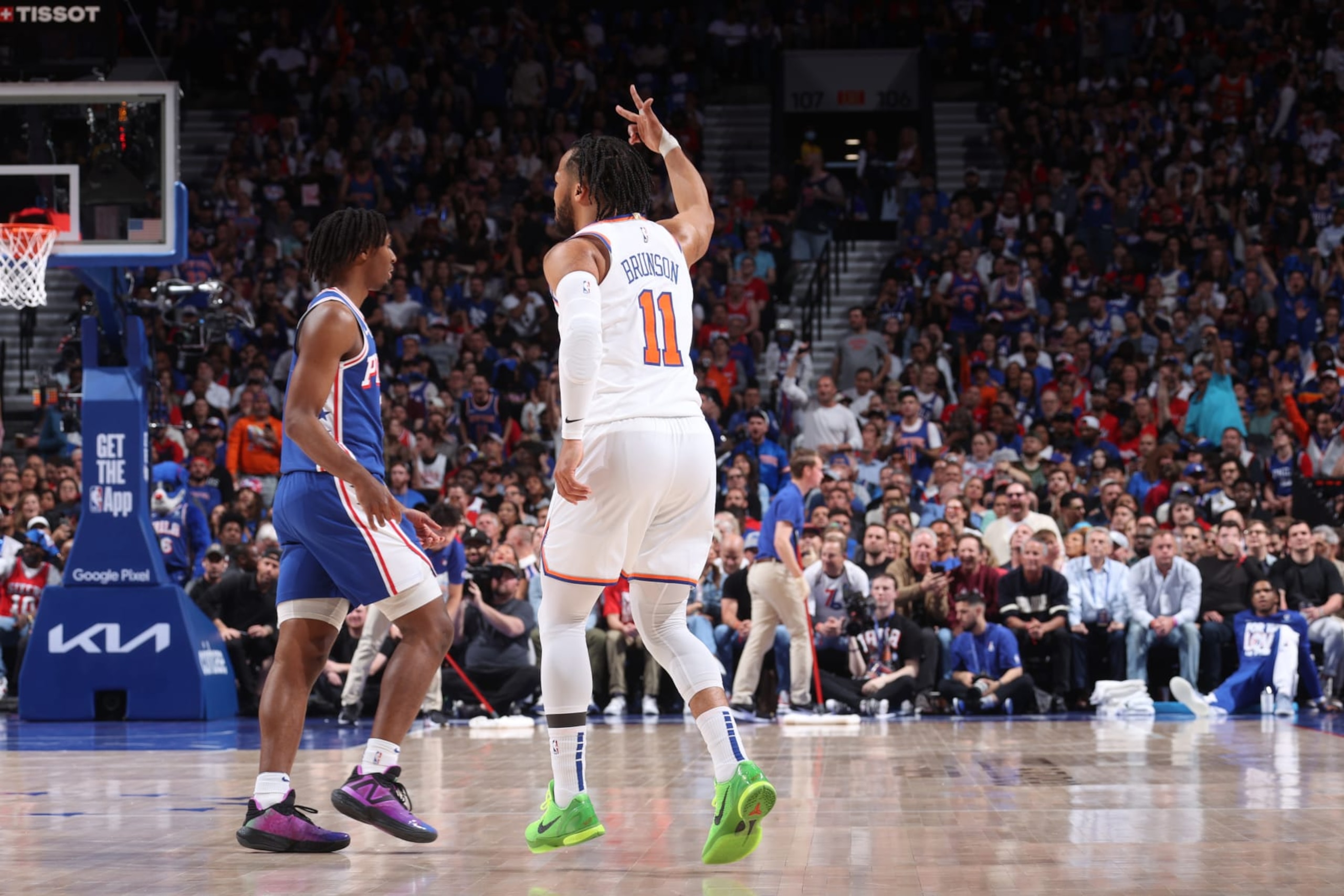 PHILADELPHIA, PA - MAY 2: Jalen Brunson #11 of the New York Knicks celebrates during the game against the Philadelphia 76ers during Round 1 Game 6 on May 2, 2024 at the Wells Fargo Center in Philadelphia, Pennsylvania NOTE TO USER: User expressly acknowledges and agrees that, by downloading and/or using this Photograph, user is consenting to the terms and conditions of the Getty Images License Agreement. Mandatory Copyright Notice: Copyright 2023 NBAE (Photo by Nathaniel S. Butler/NBAE via Getty Images)