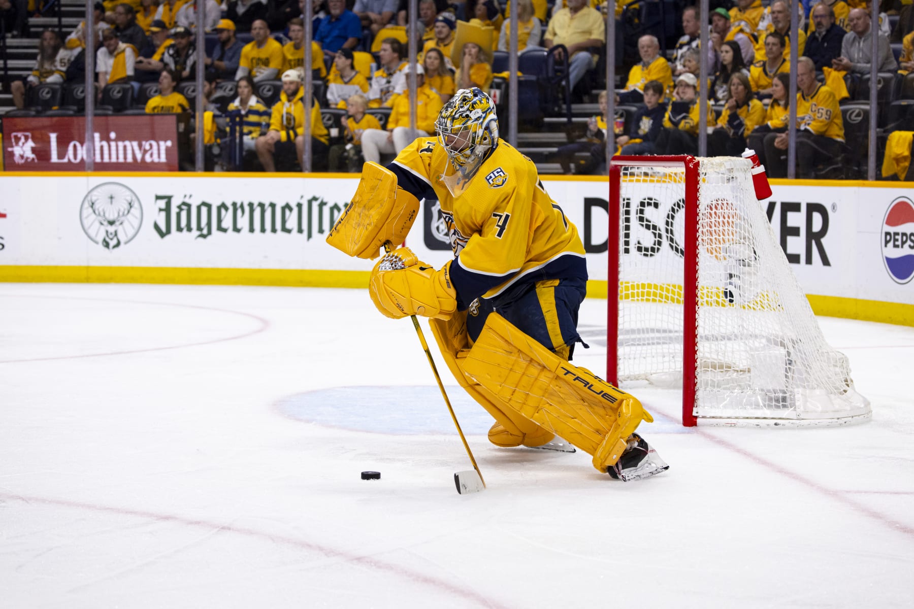 NASHVILLE, TENNESSEE - APRIL 28:  Juuse Saros #74 of the Nashville Predators tends net against the Vancouver Canucks during the second period of Game Four of the First Round of the 2024 Stanley Cup Playoffs at Bridgestone Arena on April 28, 2024 in Nashville, Tennessee. (Photo by Brett Carlsen/Getty Images)