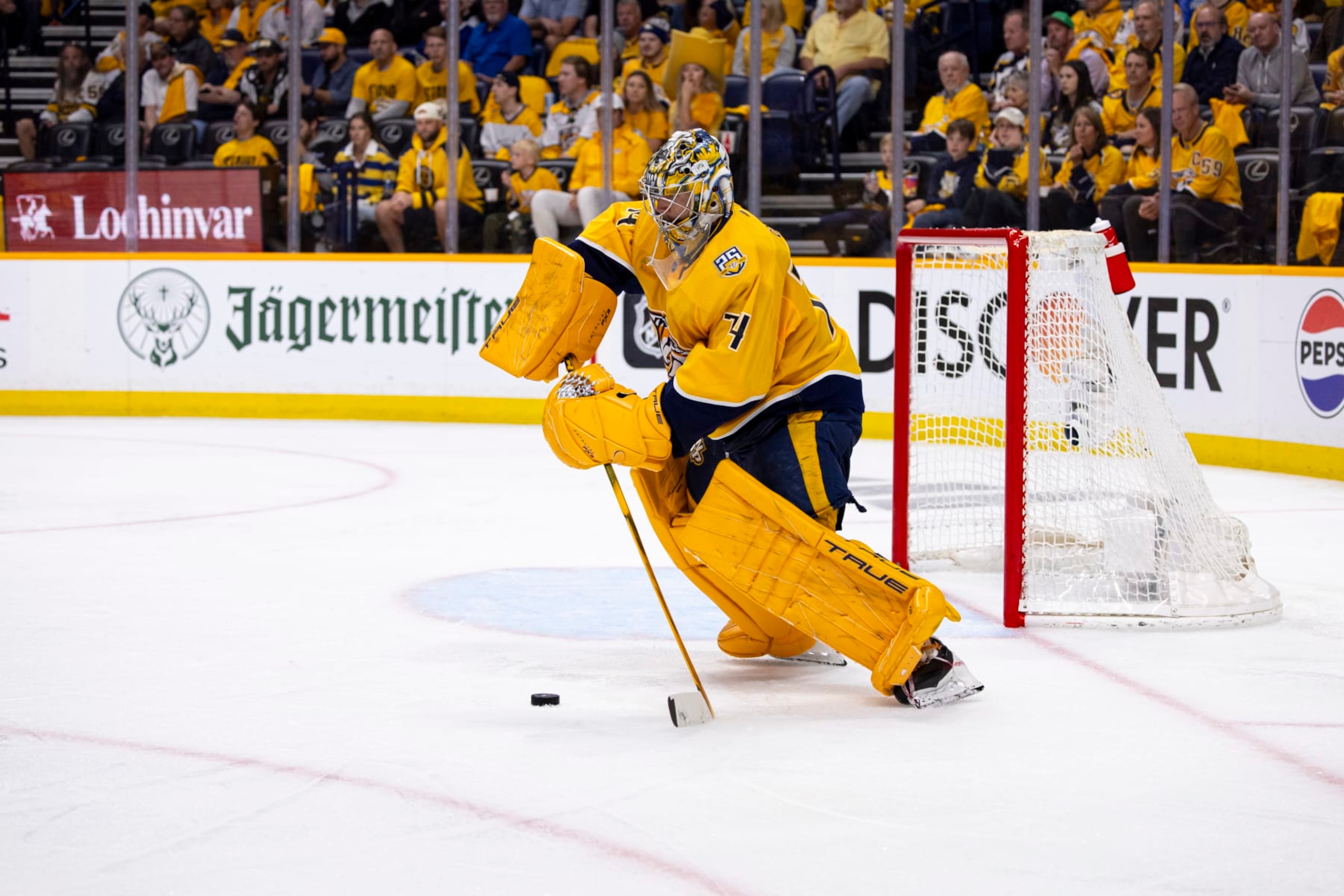 NASHVILLE, TENNESSEE - APRIL 28:  Juuse Saros #74 of the Nashville Predators tends net against the Vancouver Canucks during the second period of Game Four of the First Round of the 2024 Stanley Cup Playoffs at Bridgestone Arena on April 28, 2024 in Nashville, Tennessee. (Photo by Brett Carlsen/Getty Images)