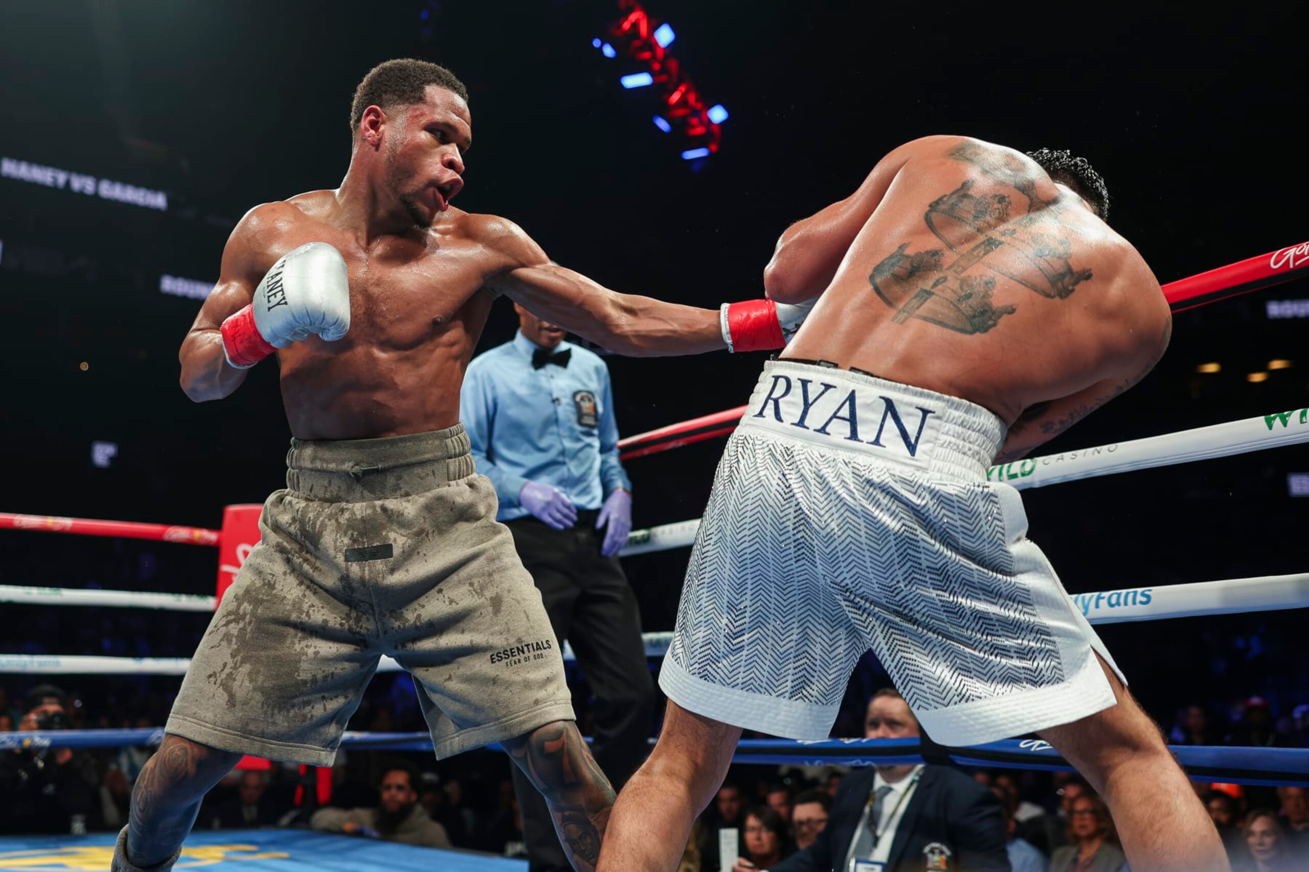 NEW YORK, NEW YORK - APRIL 20: Devin Haney and Ryan Garcia exchange punches during a fight at Barclays Center on April 20, 2024 in New York City. (Photo by Cris Esqueda/Golden Boy/Getty Images) NEW YORK, NEW YORK - APRIL 20: Devin Haney and Ryan Garcia exchange punches during a fight at Barclays Center on April 20, 2024 in New York City. (Photo by Cris Esqueda/Golden Boy/Getty Images)