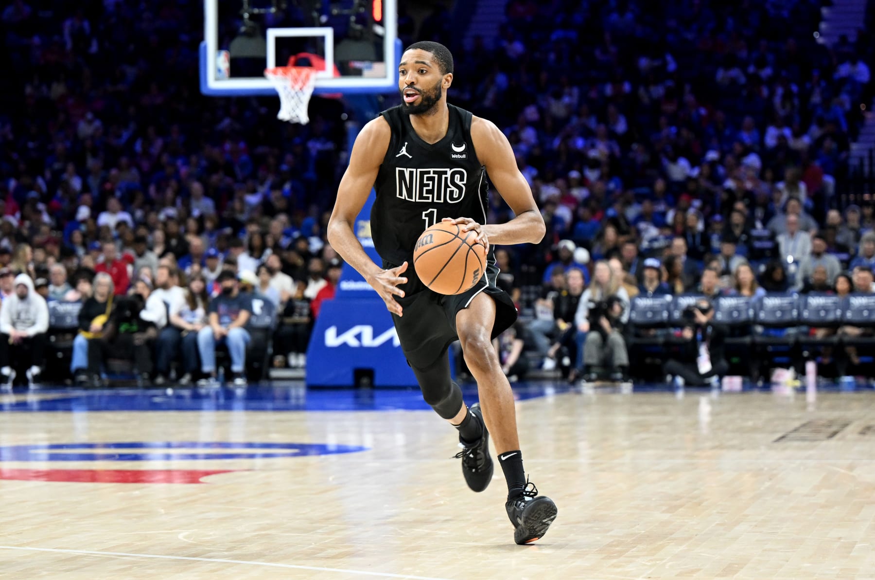PHILADELPHIA, PENNSYLVANIA - APRIL 14: Mikal Bridges #1 of the Brooklyn Nets handles the ball against the Philadelphia 76ers at the Wells Fargo Center on April 14, 2024 in Philadelphia, Pennsylvania.  NOTE TO USER: User expressly acknowledges and agrees that, by downloading and or using this photograph, User is consenting to the terms and conditions of the Getty Images License Agreement. (Photo by G Fiume/Getty Images)