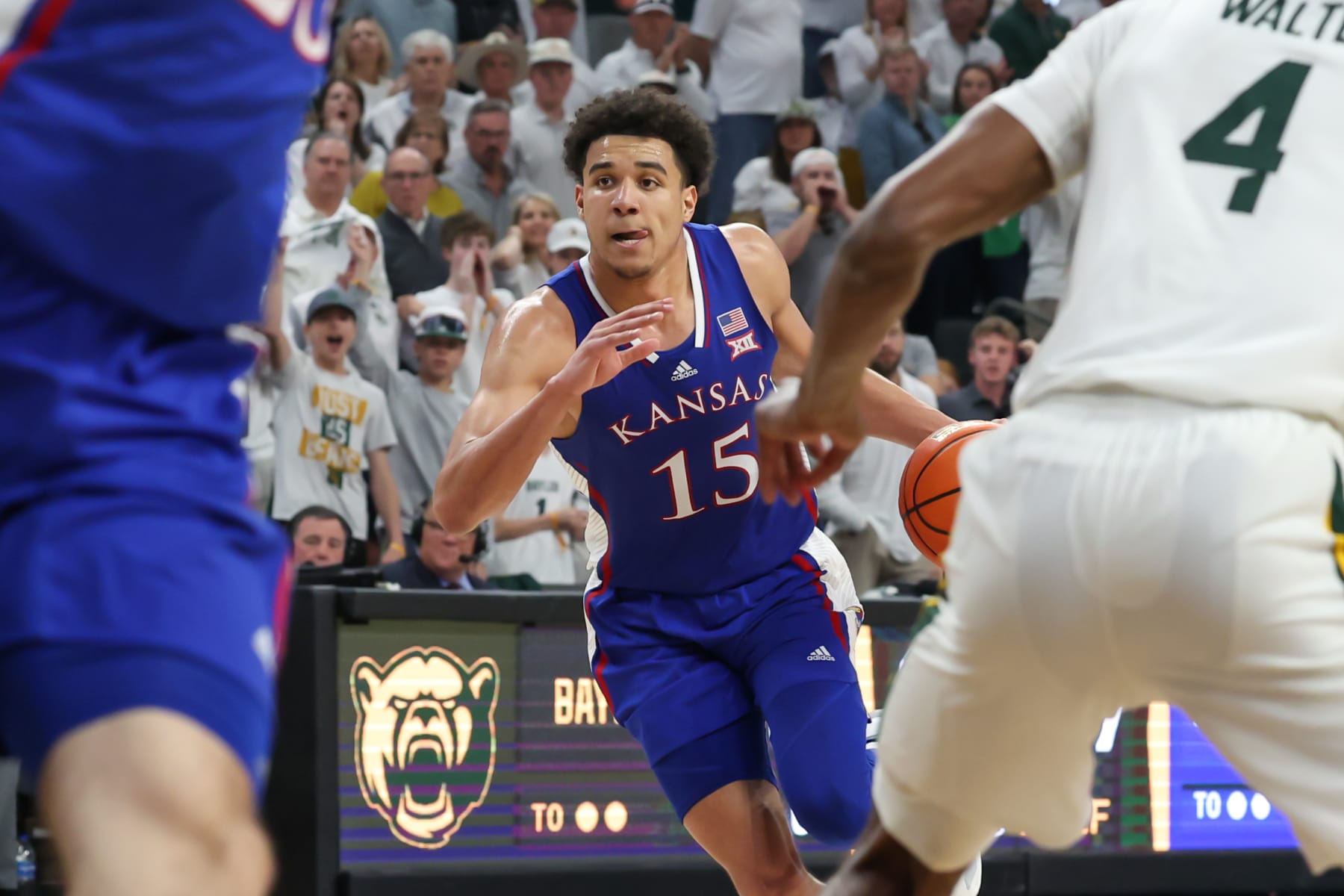 WACO, TX - MARCH 02: Kansas Jayhawks guard Kevin McCullar Jr. (15) drives with the ball during the Big 12 college basketball game between Baylor Bears and Kansas Jayhawks on March 2, 2024, at Foster Pavilion in Waco, TX. (Photo by David Buono/Icon Sportswire via Getty Images)