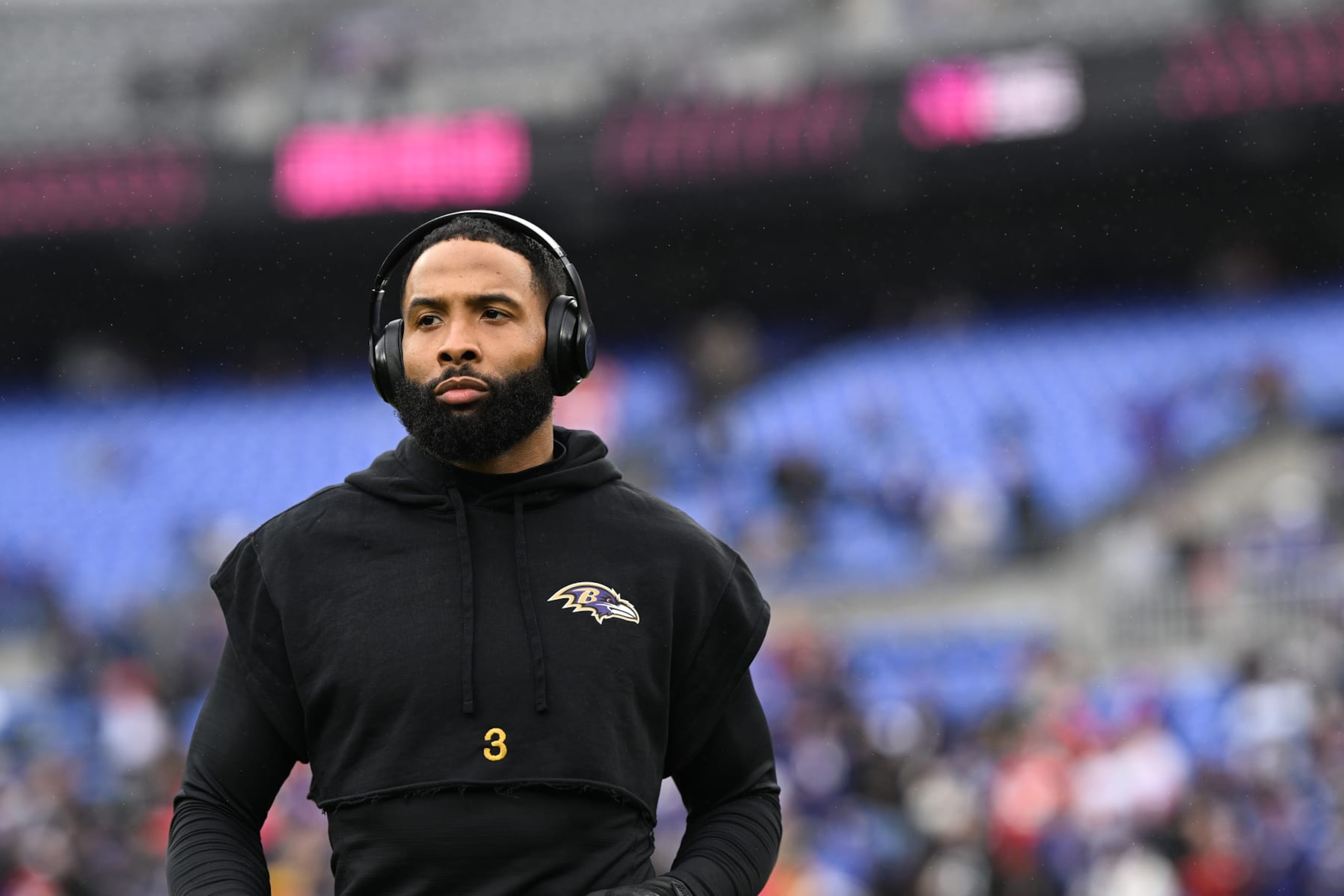 BALTIMORE, MD - JANUARY 28: Odell Beckham Jr. #3 of the Baltimore Ravens warms up prior to the AFC Championship game against the Kansas City Chiefs at M&T Bank Stadium on January 28, 2024 in Baltimore, Maryland. (Photo by Kathryn Riley/Getty Images)