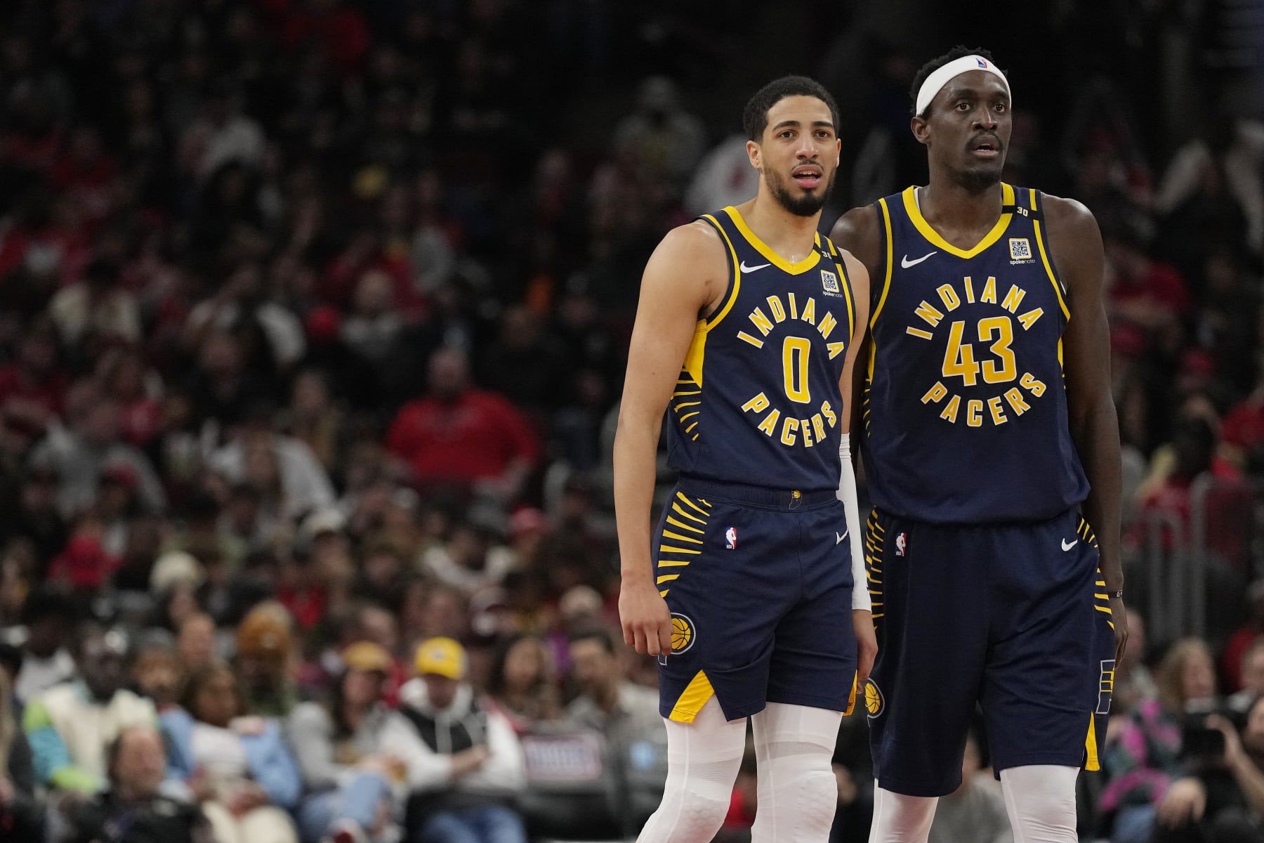 CHICAGO, ILLINOIS - MARCH 27: Tyrese Haliburton #0 and Pascal Siakam #43 of the Indiana Pacers look on during the second half against the Chicago Bulls at the United Center on March 27, 2024 in Chicago, Illinois. NOTE TO USER: User expressly acknowledges and agrees that, by downloading and or using this photograph, User is consenting to the terms and conditions of the Getty Images License Agreement. (Photo by Patrick McDermott/Getty Images)