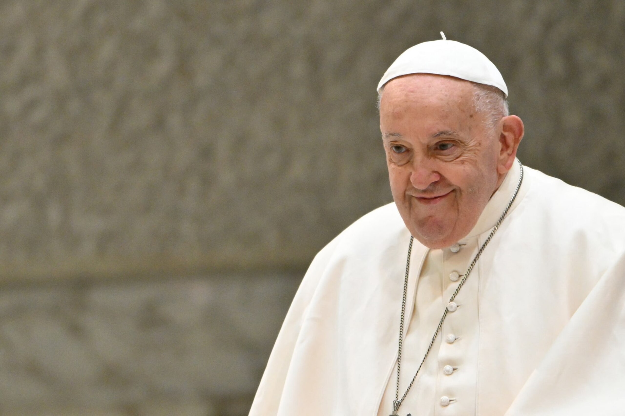 Pope Francis smiles during an audience to Members of the National Confederation of Professional Education and Training (CONFAP) on May 03, 2024 at Paul-VI hall in The Vatican. (Photo by Alberto PIZZOLI / AFP) (Photo by ALBERTO PIZZOLI/AFP via Getty Images) Pope Francis smiles during an audience to Members of the National Confederation of Professional Education and Training (CONFAP) on May 03, 2024 at Paul-VI hall in The Vatican. (Photo by Alberto PIZZOLI / AFP) (Photo by ALBERTO PIZZOLI/AFP via Getty Images)