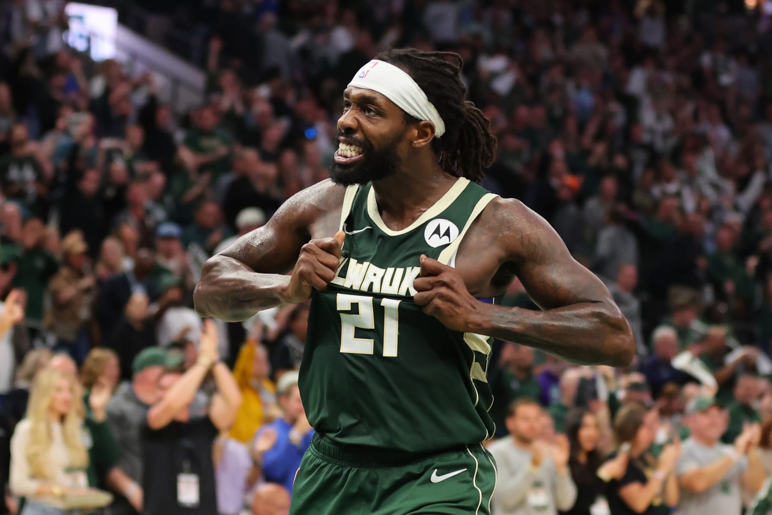 MILWAUKEE, WISCONSIN - APRIL 30: Patrick Beverley #21 of the Milwaukee Bucks reacts to a score during the second half of game five of the Eastern Conference First Round Playoffs against the Indiana Pacers at Fiserv Forum on April 30, 2024 in Milwaukee, Wisconsin.  NOTE TO USER: User expressly acknowledges and agrees that, by downloading and or using this photograph, User is consenting to the terms and conditions of the Getty Images License Agreement. (Photo by Stacy Revere/Getty Images)